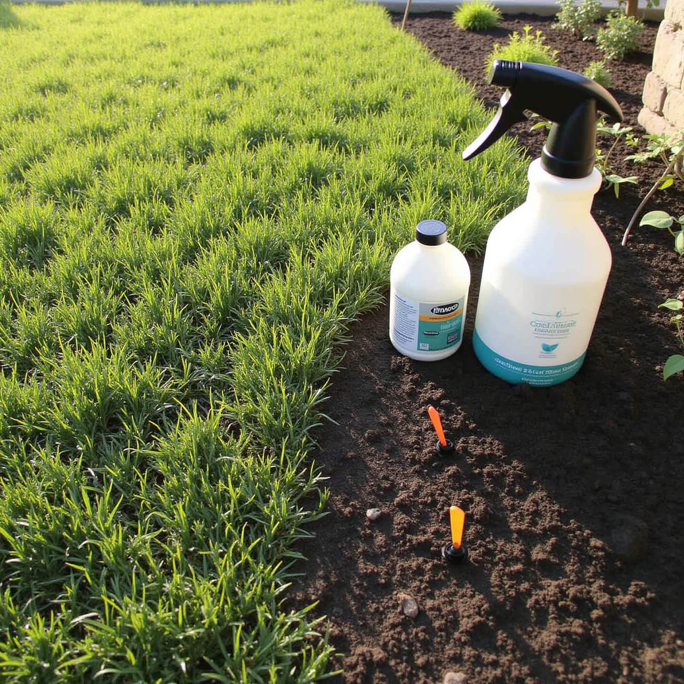 Early morning lawn scene with moisture-rich soil, garden stakes marking treatment zones, a professional sprayer and organic supplies on a stone wall, and dew-covered grass in soft morning light.