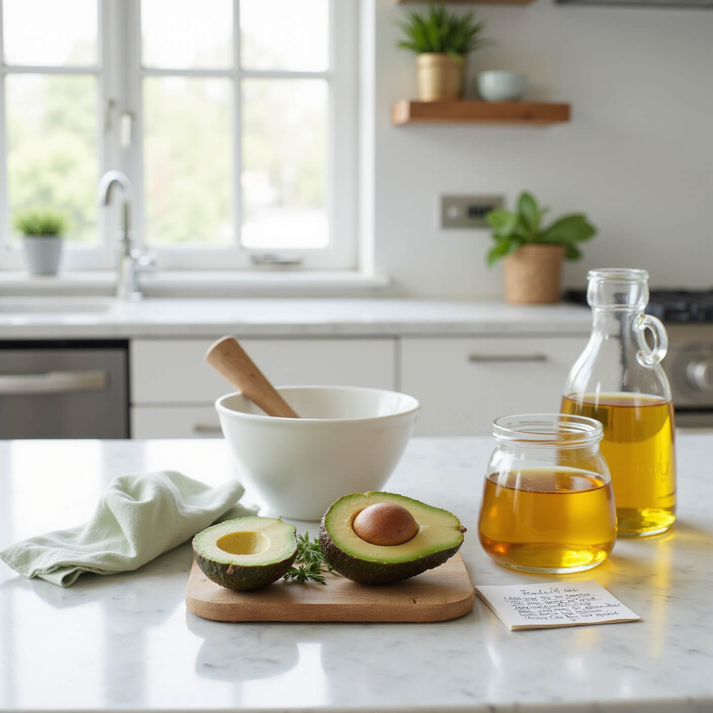 Bright modern kitchen with marble countertop featuring avocado, honey, olive oil, bowls, and a handwritten recipe for a DIY hair mask, bathed in morning sunlight.