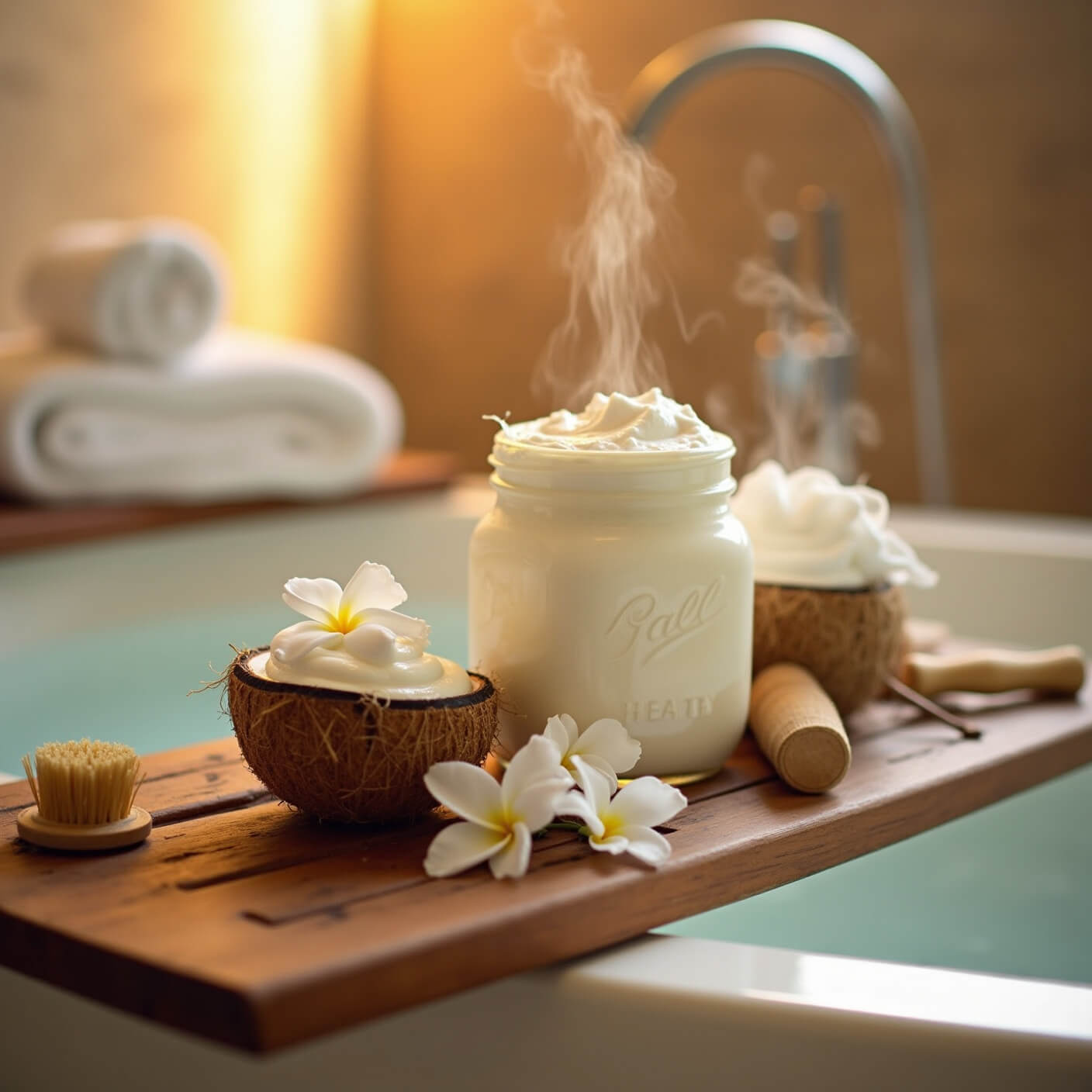 Spa-like teak bath caddy with coconut-yogurt hair mask, flowers, and steam in a golden hour-lit bathroom.