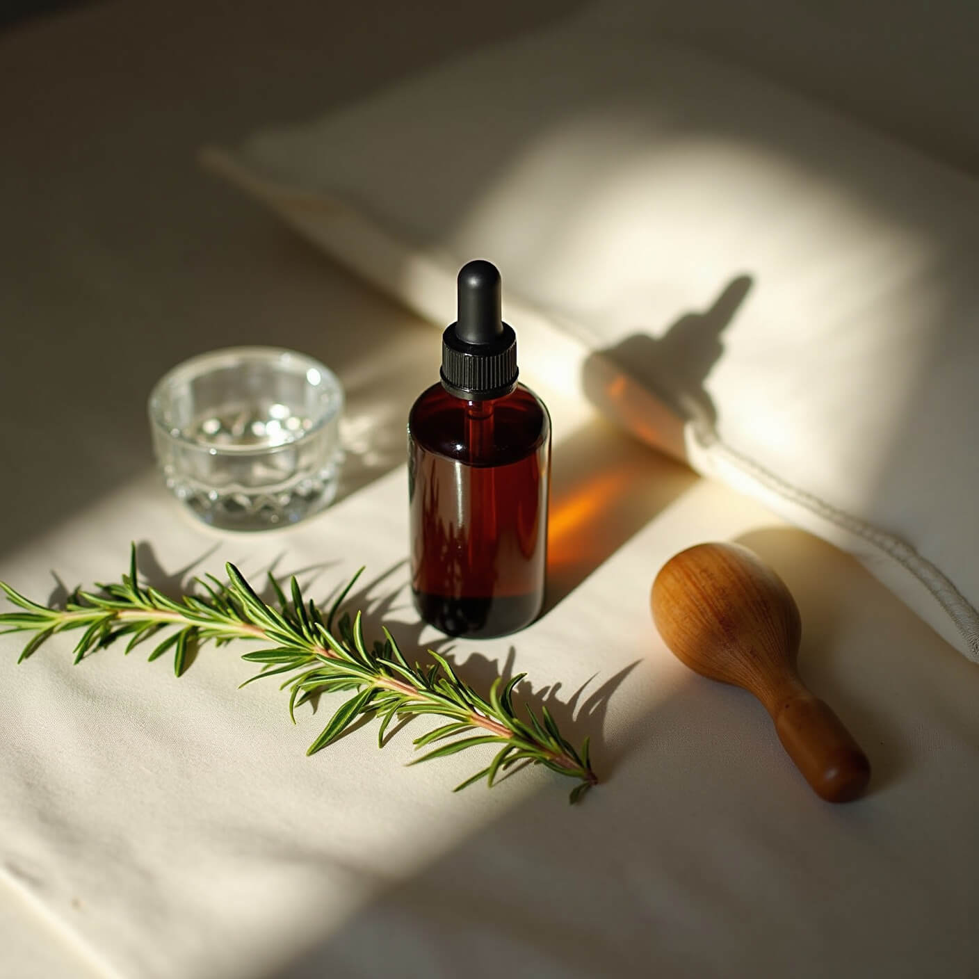 Minimalist vanity with vintage amber oil bottle, rosemary sprigs, wooden scalp massager, crystal containers, and silk pillowcase in soft afternoon light.