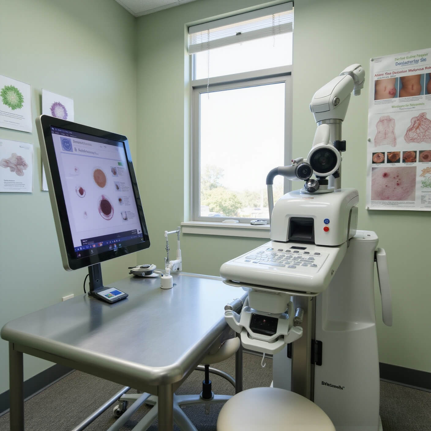 Modern dermatologist exam room with bright lighting, dermatoscope imagery on monitor, medical equipment, ABCDE melanoma charts, and sage green walls.