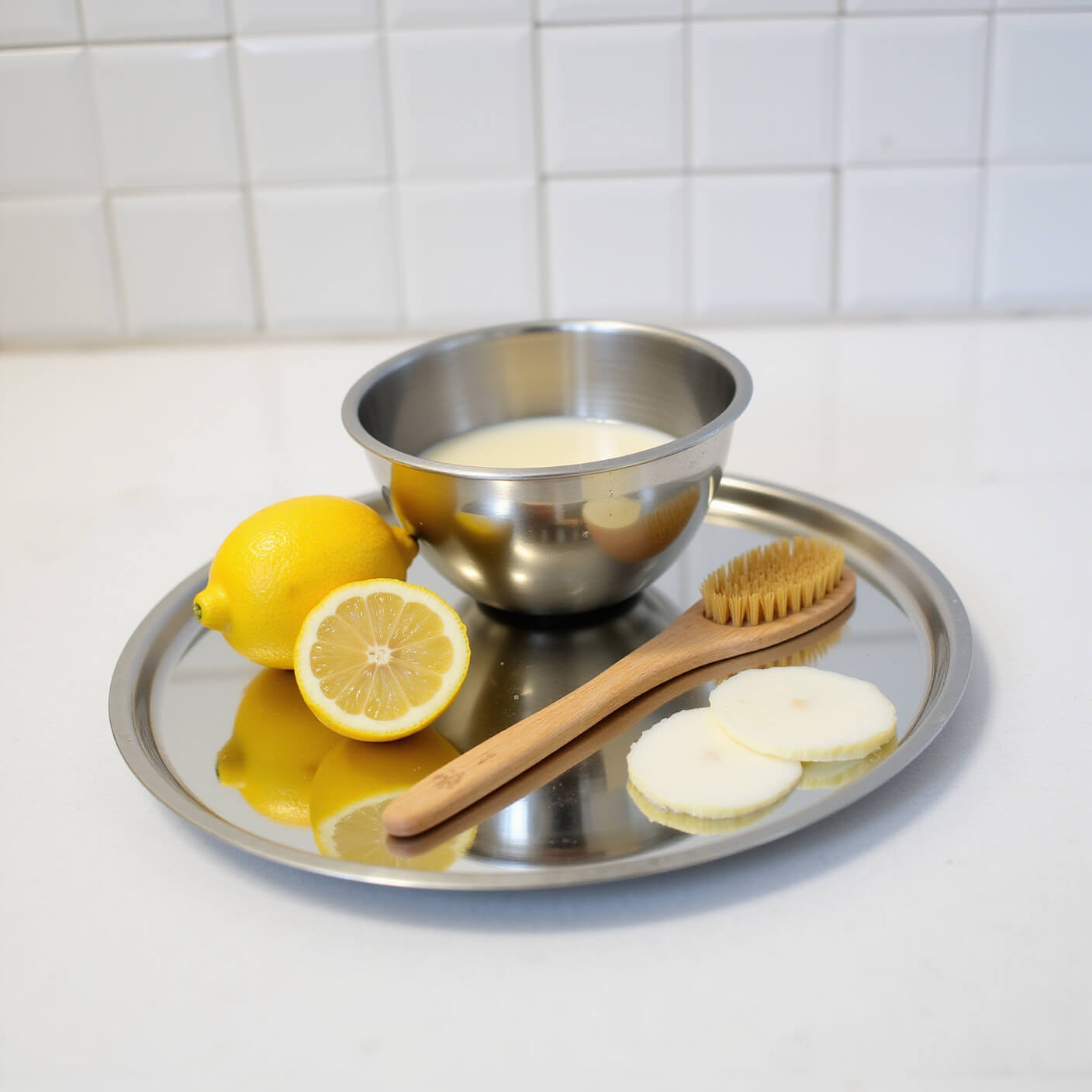 Fresh egg white and lemon hair mask ingredients on a mirrored tray in a bright white-tiled bathroom, featuring cut lemons, a stainless steel bowl, and an application brush.