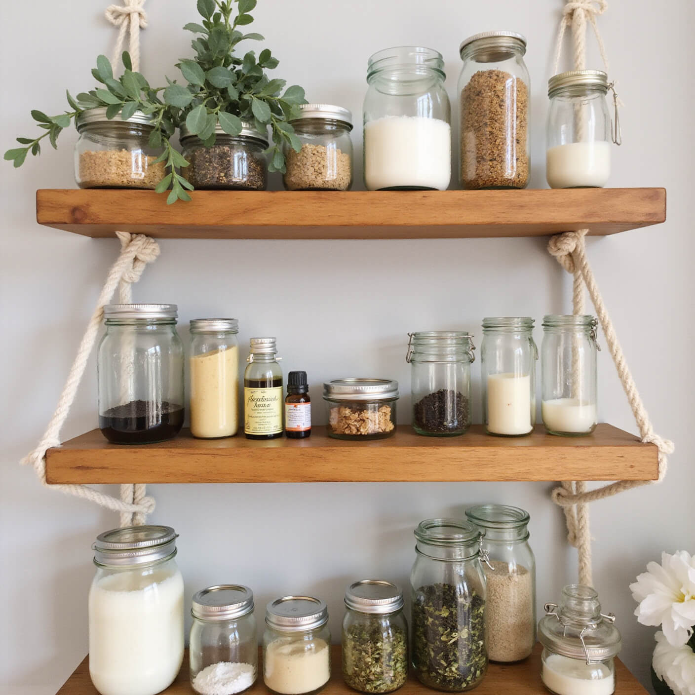 Wellness-themed bathroom shelf with mason jars of dried herbs, oils, and natural ingredients on wooden shelves, accented by macramé plant hangers and eucalyptus branches in soft, diffused lighting.