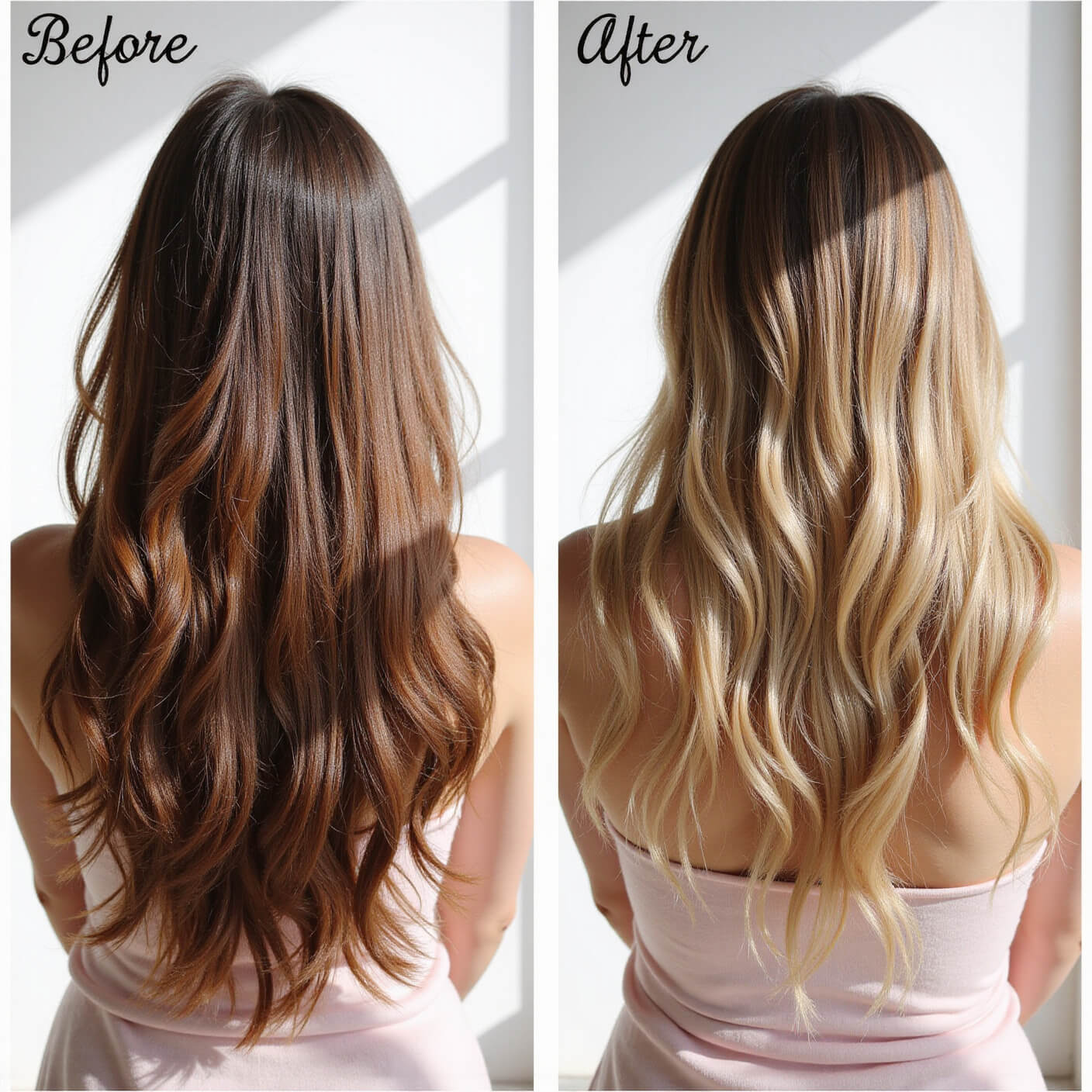 Split-screen photo showing dry hair on one side and smooth, treated hair on the other, with hair mask ingredients artfully arranged in the center, shot in natural daylight with a clean white background.