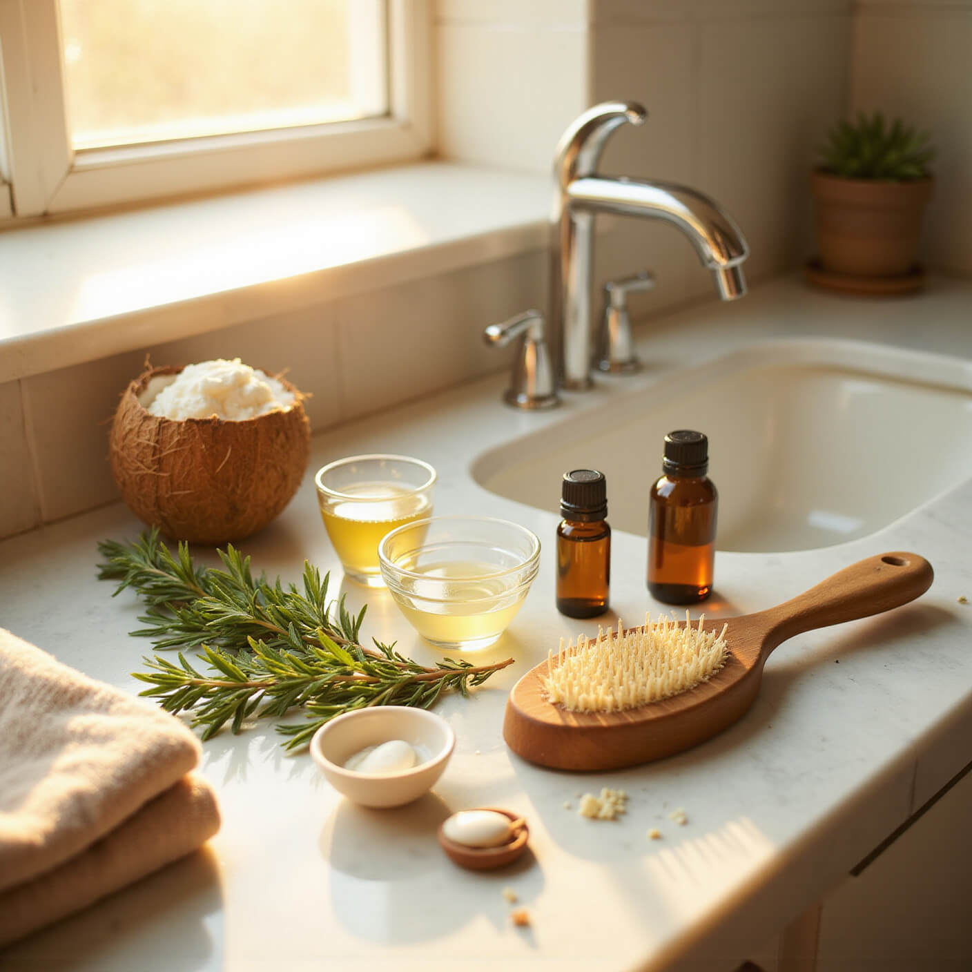 Sunlit bathroom with marble countertop displaying natural hair care ingredients, rosemary sprigs, coconut oil, essential oils, and applicator brush near sink during golden hour.