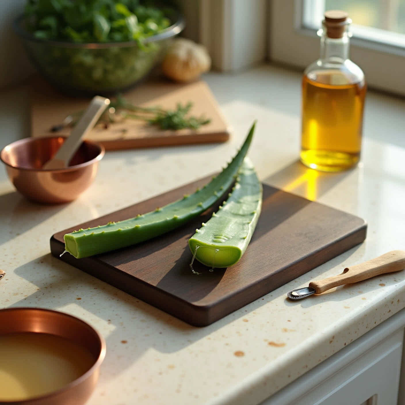 Fresh aloe vera leaf on wooden cutting board with onion juice, pumpkin seed oil, and herbs in soft morning kitchen light.