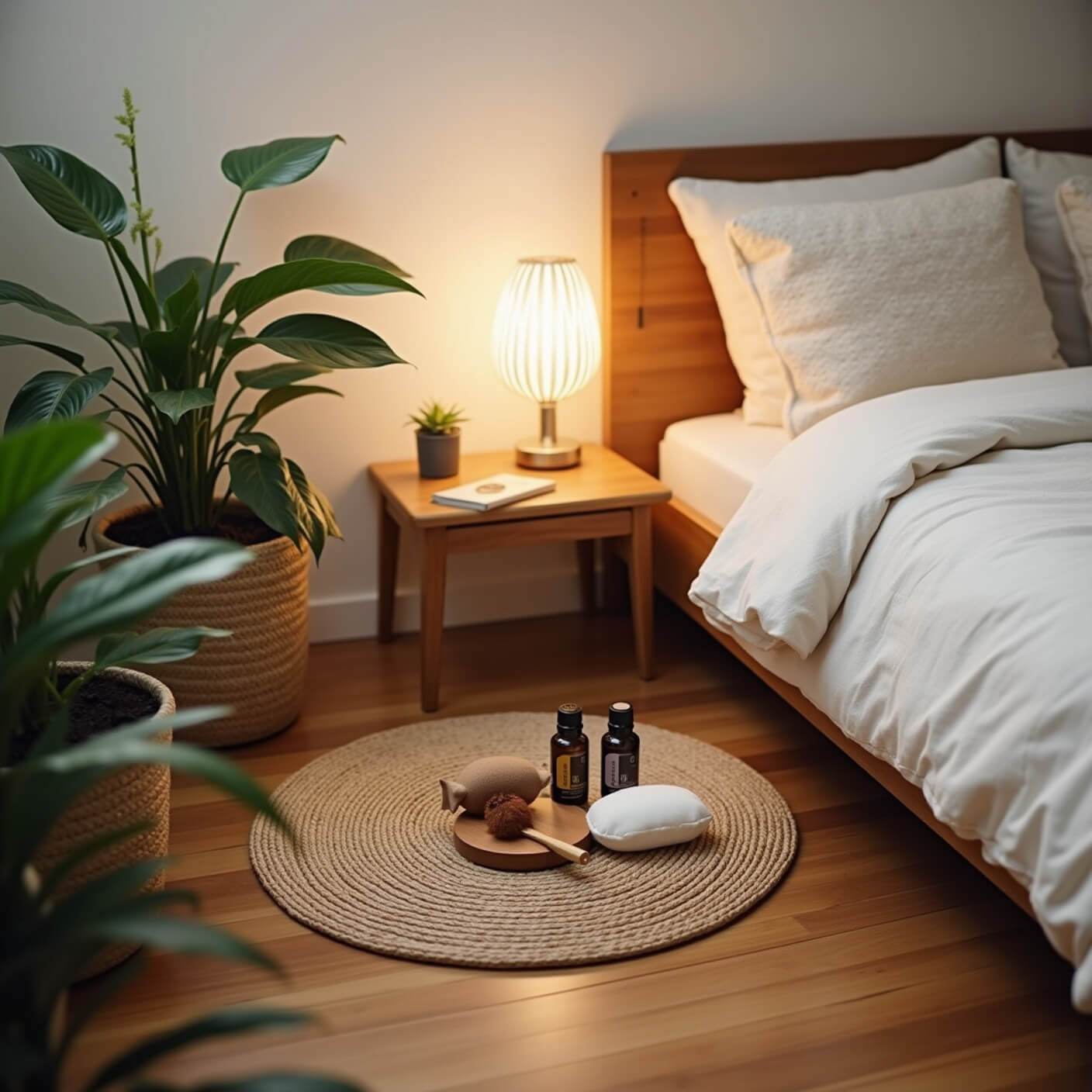 Minimalist bedroom with cozy self-care setup: rattan mat, meditation cushion, wooden tray with essential oils and scalp tools, warm lighting, plants, and rich wooden floors.