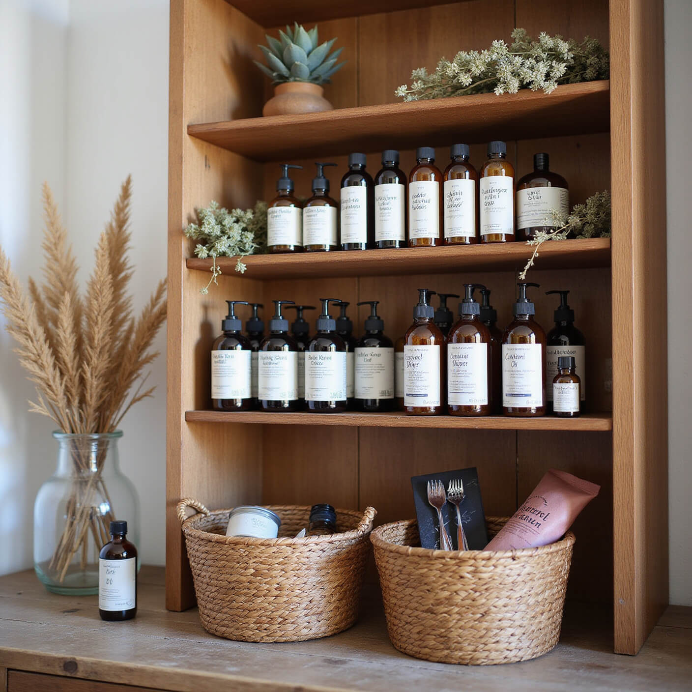 Rustic wellness station with wooden shelves displaying summer and winter hair oils, handwritten labels, dried flowers, woven baskets, and natural light enhancing the cozy atmosphere.