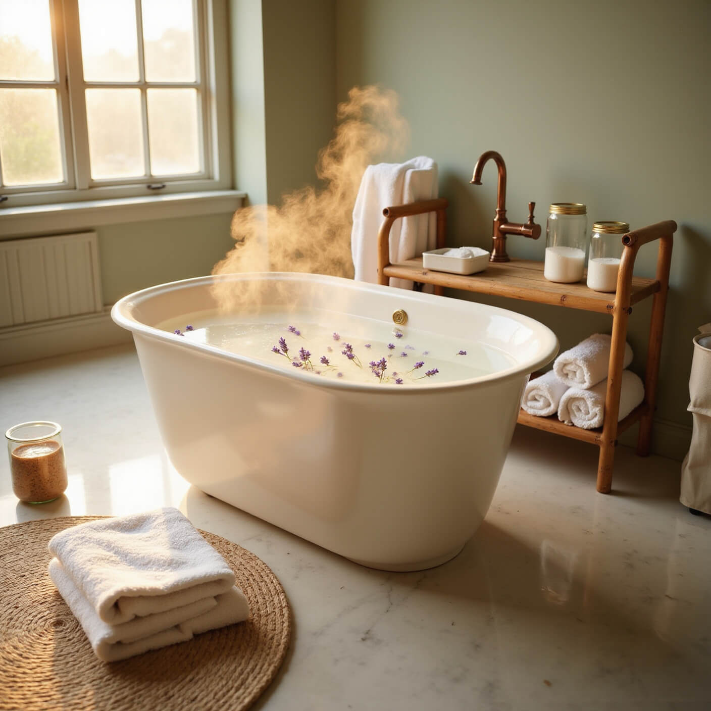 Serene golden hour bathroom with a white porcelain sitz bath, steaming water with lavender sprigs, plush towels on bamboo shelves, Epsom salt jars, rattan mat on marble floor, sage green walls, and copper fixtures.