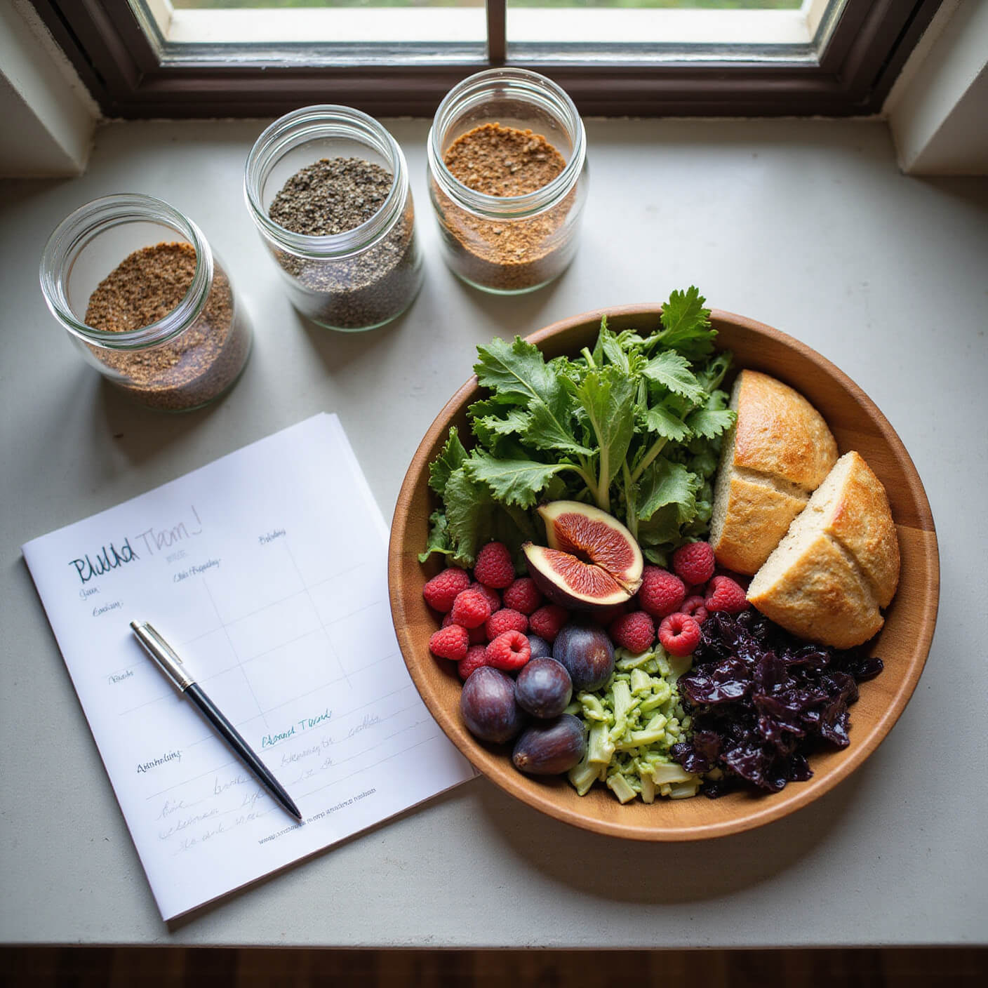 Overhead view of a sunlit modern kitchen with a wooden bowl filled with figs, raspberries, leafy greens, and whole grain bread; mason jars of chia and flax seeds on a concrete counter alongside an open handwritten meal plan and nutrition journal.