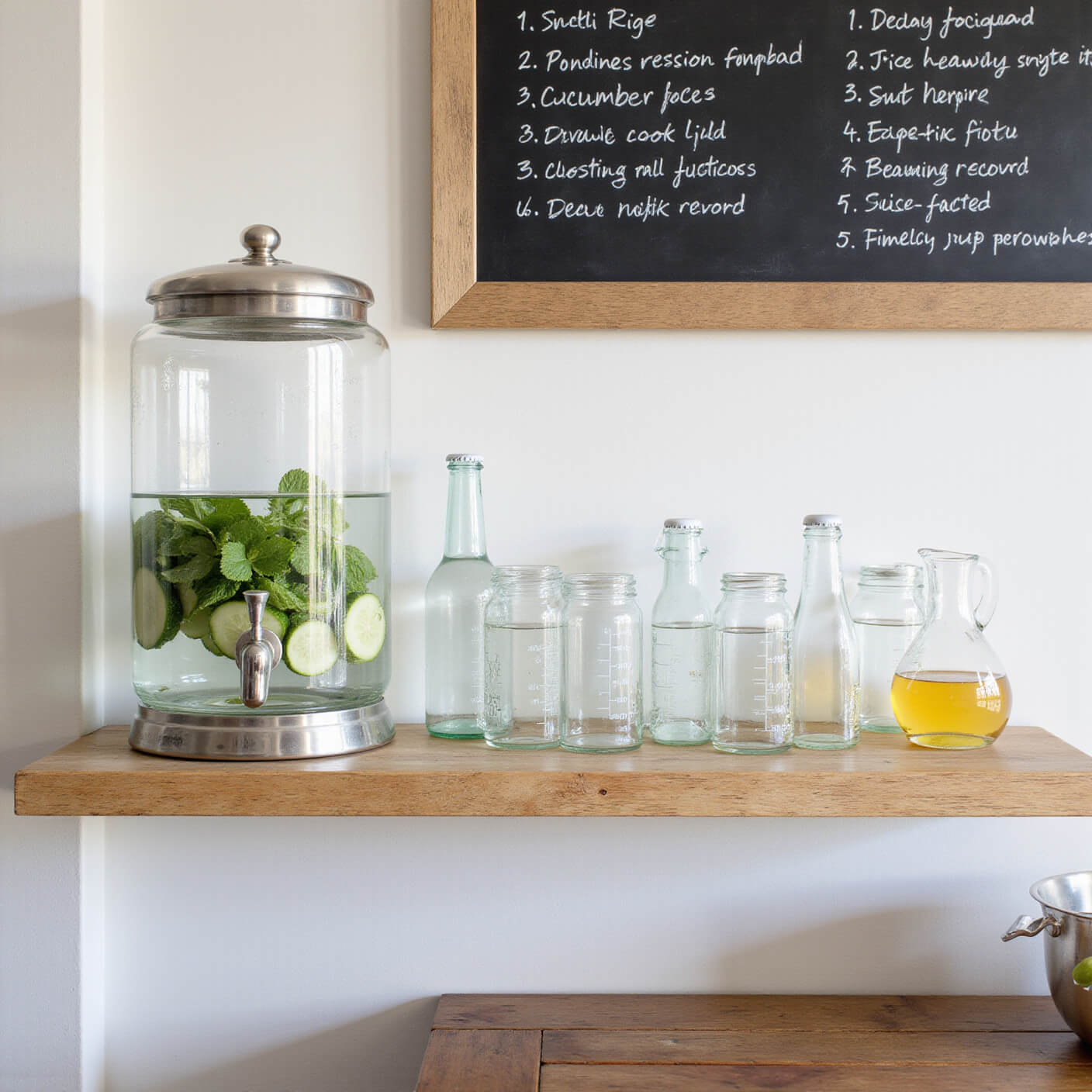 Bright contemporary kitchen with a hydration station featuring a crystal water dispenser filled with cucumber and mint, reclaimed wood shelf, assorted glass water bottles, infusion recipes on a chalkboard wall, and morning light creating prismatic effects.