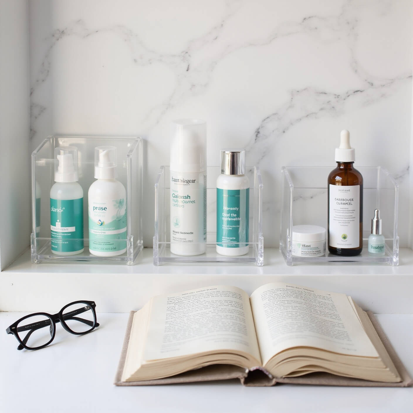 Organized bathroom shelf with over-the-counter treatments in clear acrylic containers, white marble background, open medical guide and reading glasses, photographed in soft afternoon light.