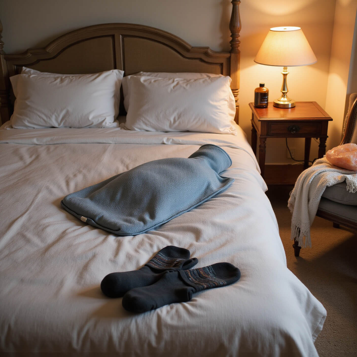 Cozy bedroom corner with soft linen bedding, a hot water bottle, ice pack, Himalayan salt lamp, essential oil diffuser misting, and compression socks on a vintage chair.