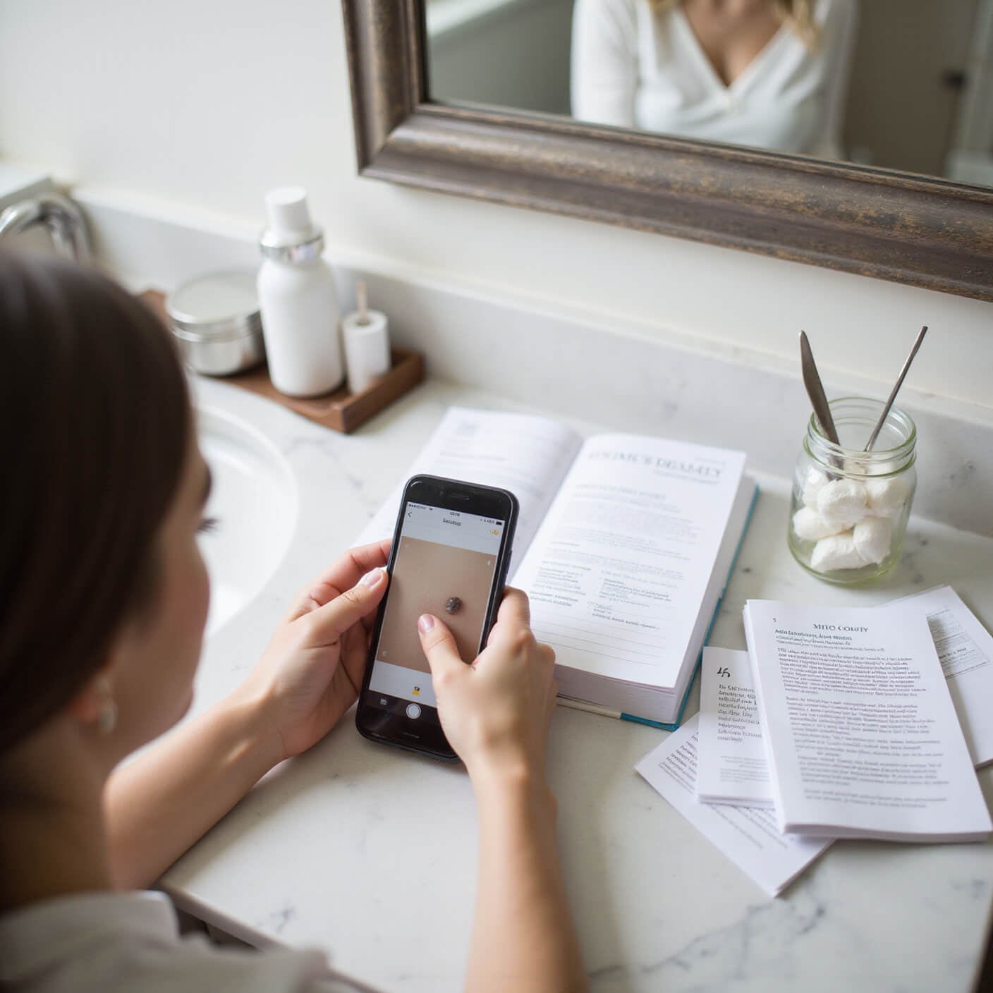 Hands using smartphone magnification to examine mole at marble bathroom vanity with skincare items, skin-mapping diary, and medical references in soft morning light.
