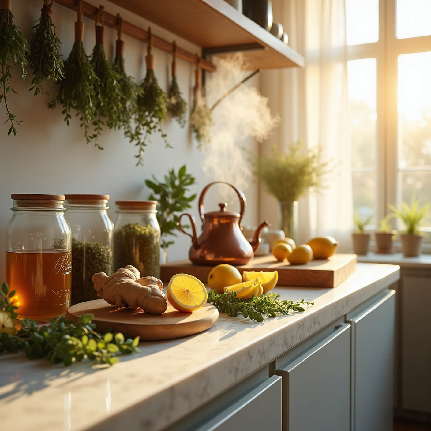 Sunlit modern kitchen with marble counters displaying ginger, honey, lemon, and herbs; steam rising from a copper kettle; dried herbs hanging above; soft golden light and dreamy background blur.