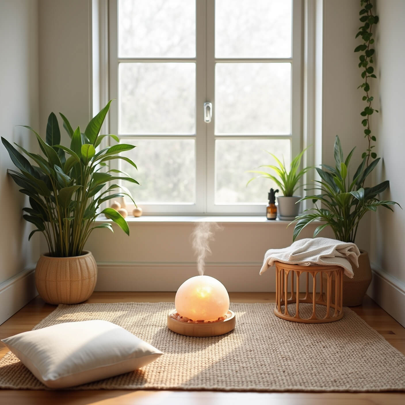 Minimalist home office corner with meditation cushion on jute rug, bamboo table with crystals, salt lamp, and diffuser, surrounded by snake plants and trailing ivy in soft morning light.