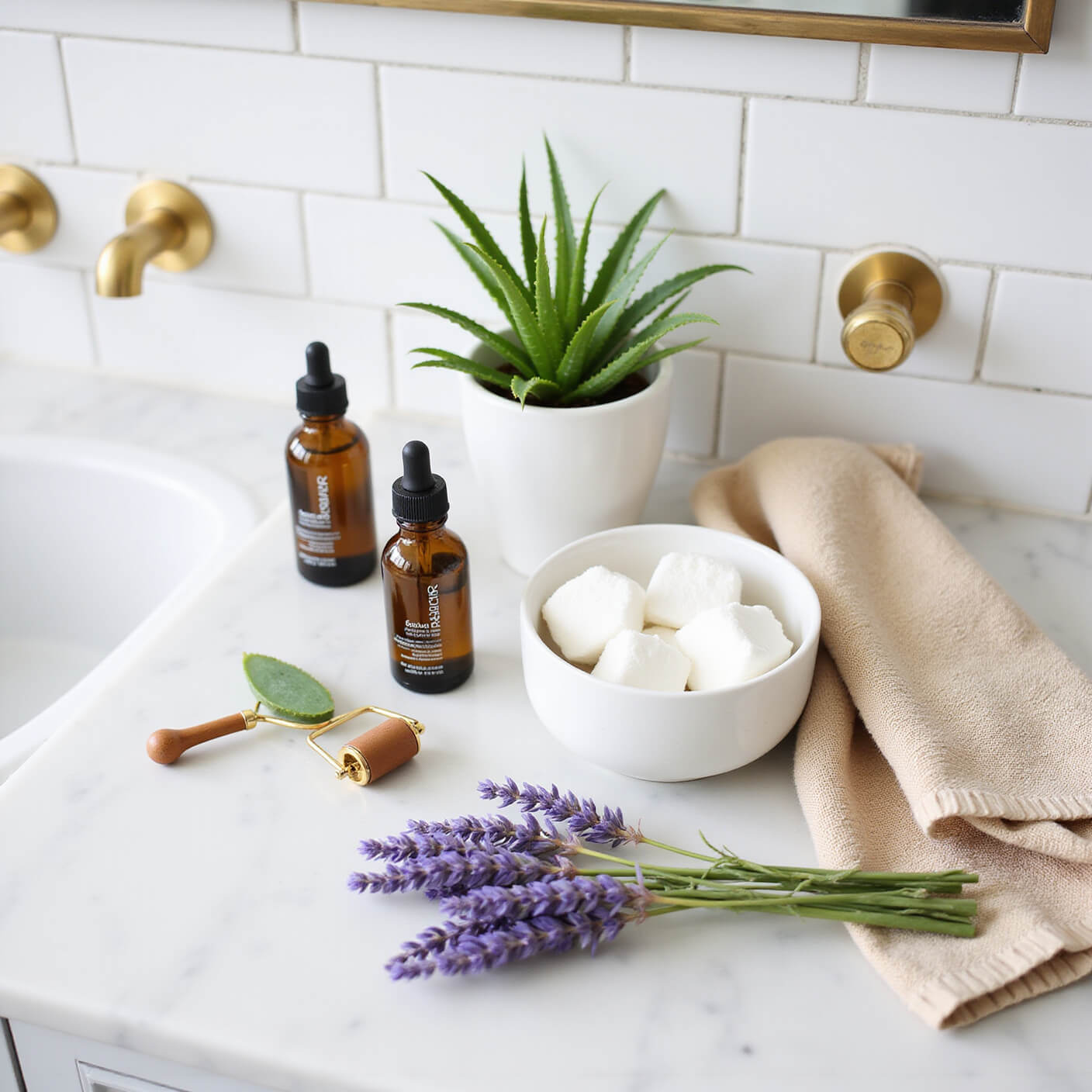 Flat lay of natural skincare products on a white marble vanity with glass bottles, jade roller, aloe plant, ceramic bowl of cotton rounds, handwoven towel, and dried lavender, in a bright bathroom with subway tile and brass fixtures.