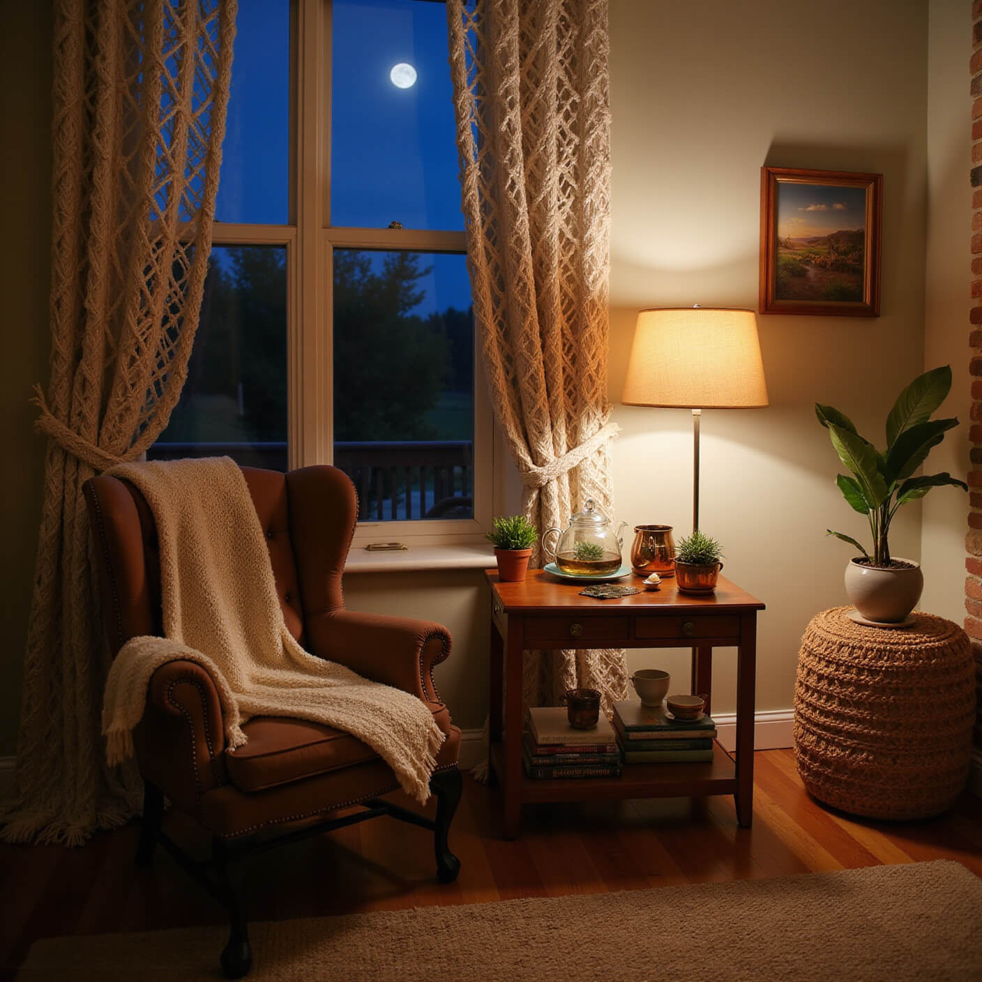 Bohemian living room corner with vintage armchair, chunky knit throw, wooden tea cart with ceramic mugs, glass teapot, fresh herbs in copper pots, warm lamplight, moonlight through macramé curtains, and wellness books on rattan table.