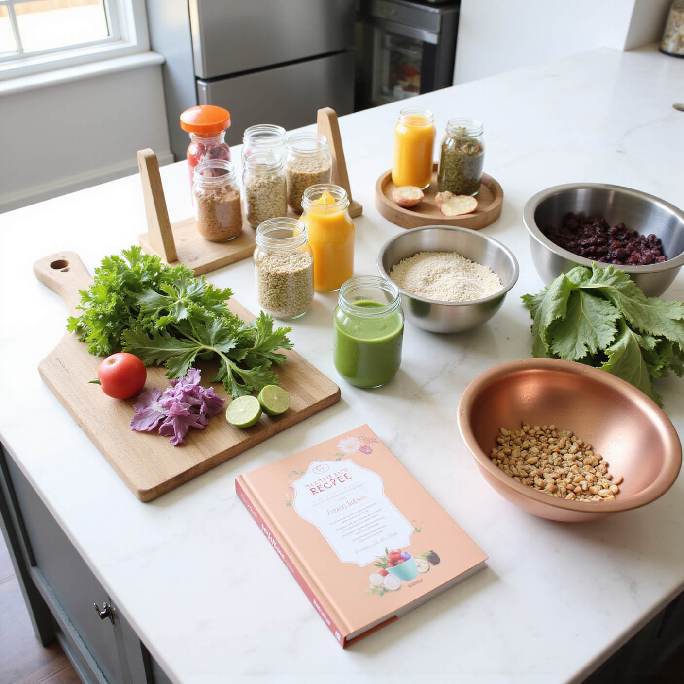 Overhead view of a bright, open kitchen island with colorful produce, grains in mason jars, stainless steel bowls, a wooden recipe stand, green smoothie ingredients, and a copper colander of washed vegetables in natural light.