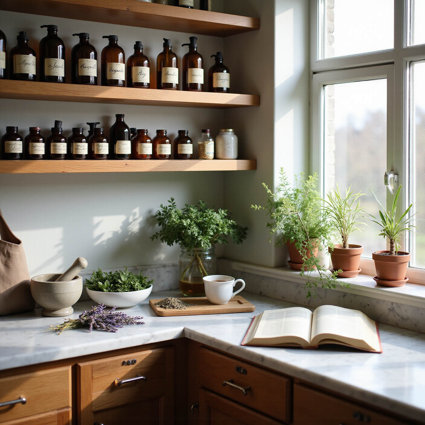 Bright, sunlit home apothecary corner with wooden shelves of amber bottles and dried herbs, a marble counter with mortar and pestle, fresh herbs, steaming tea, potted plants, and an open natural remedies book, all in warm honey-oak and sage green tones.