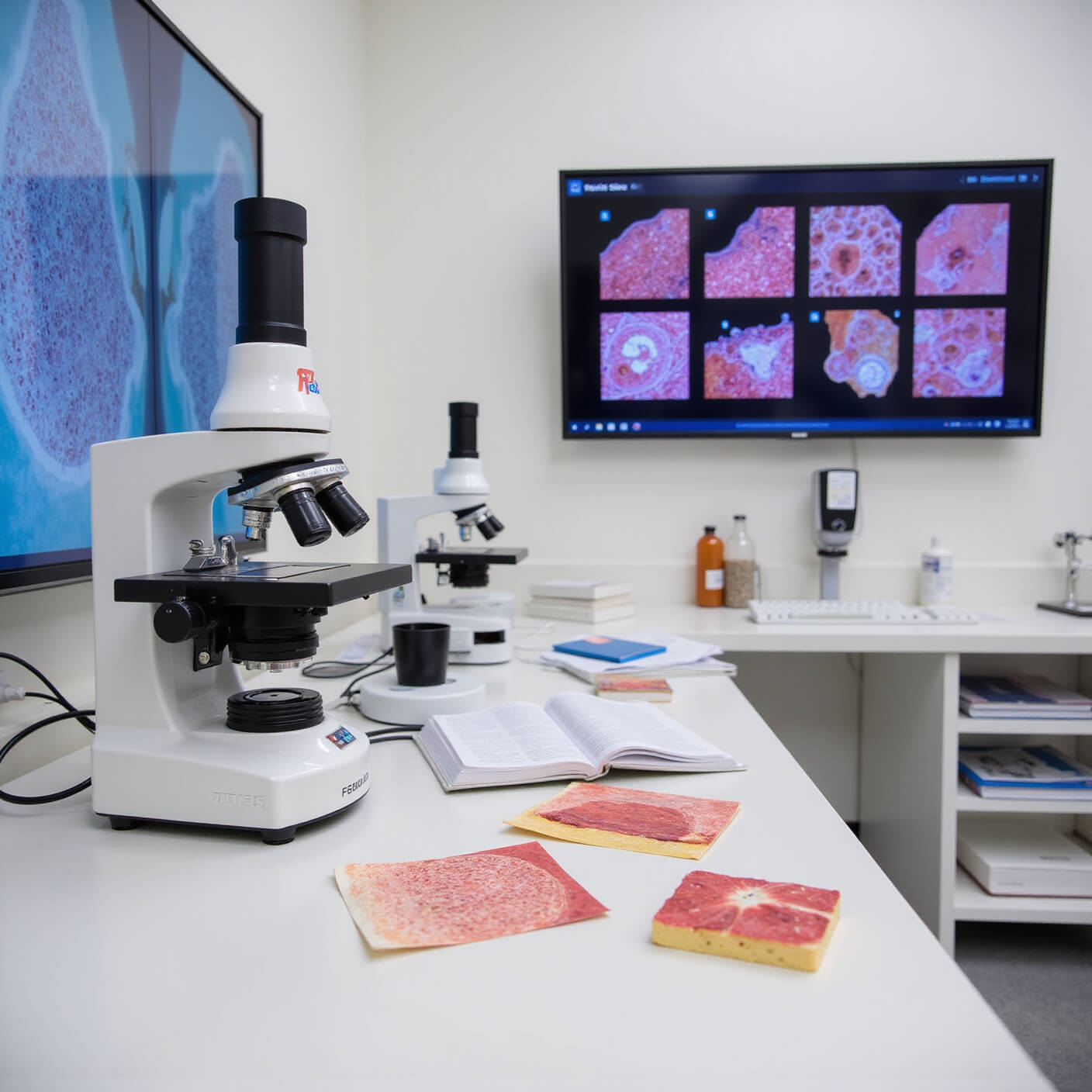 Microscope and slides displaying skin cancer cells in a bright medical lab with lab equipment, textbooks, cellular imaging screens, and skin structure models.