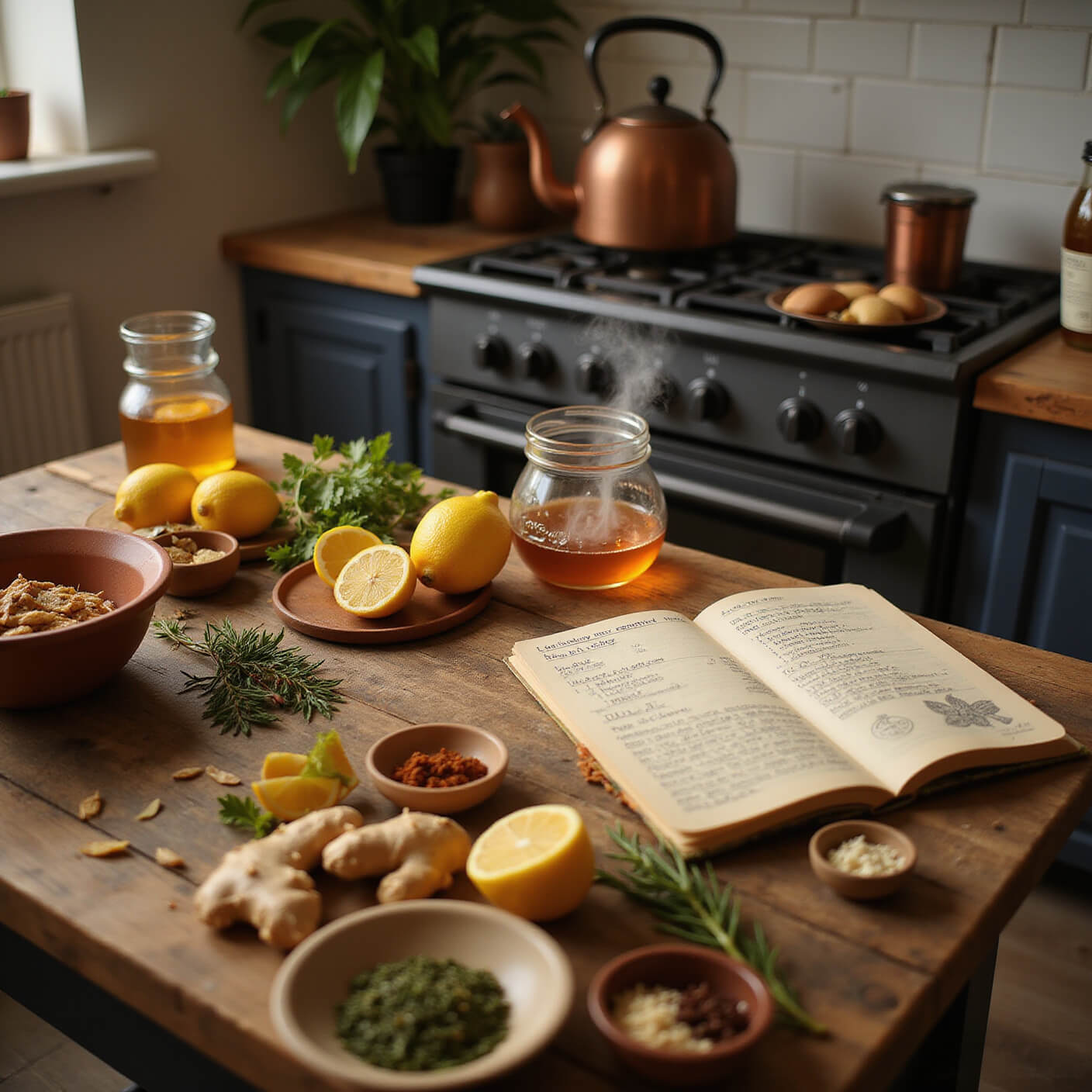Cozy kitchen at golden hour with rustic island displaying ginger, lemons, honey, herbs, and spices; copper kettle steaming on black stovetop; remedy jars and illustrated recipe journal nearby.