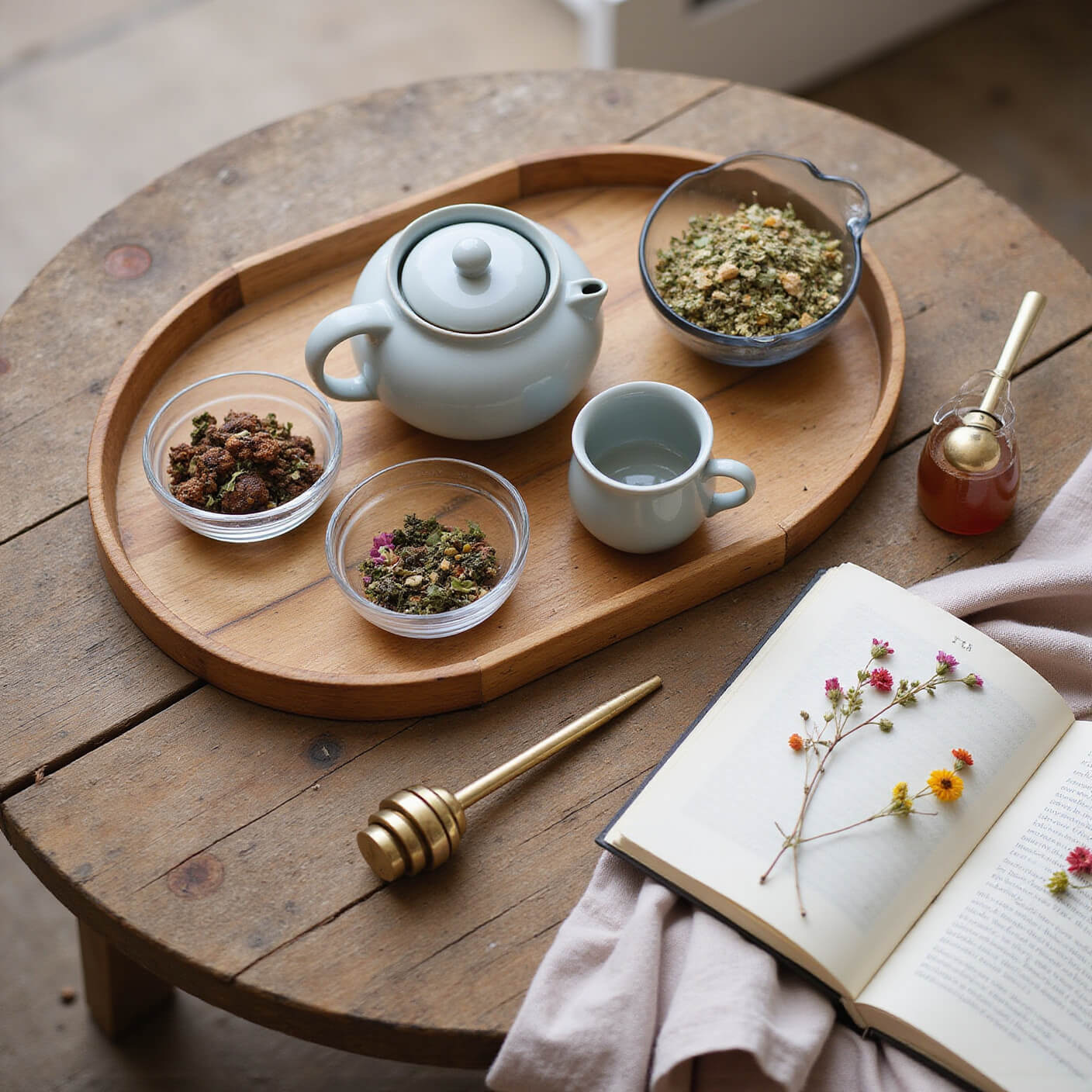Overhead view of a mindful tea ritual setup on a wooden table with a ceramic teapot, cups, bamboo tea tray, crystal bowls of loose herbs and flowers, brass strainer, honey dipper, linen tea towel, and open journal with pressed flowers.