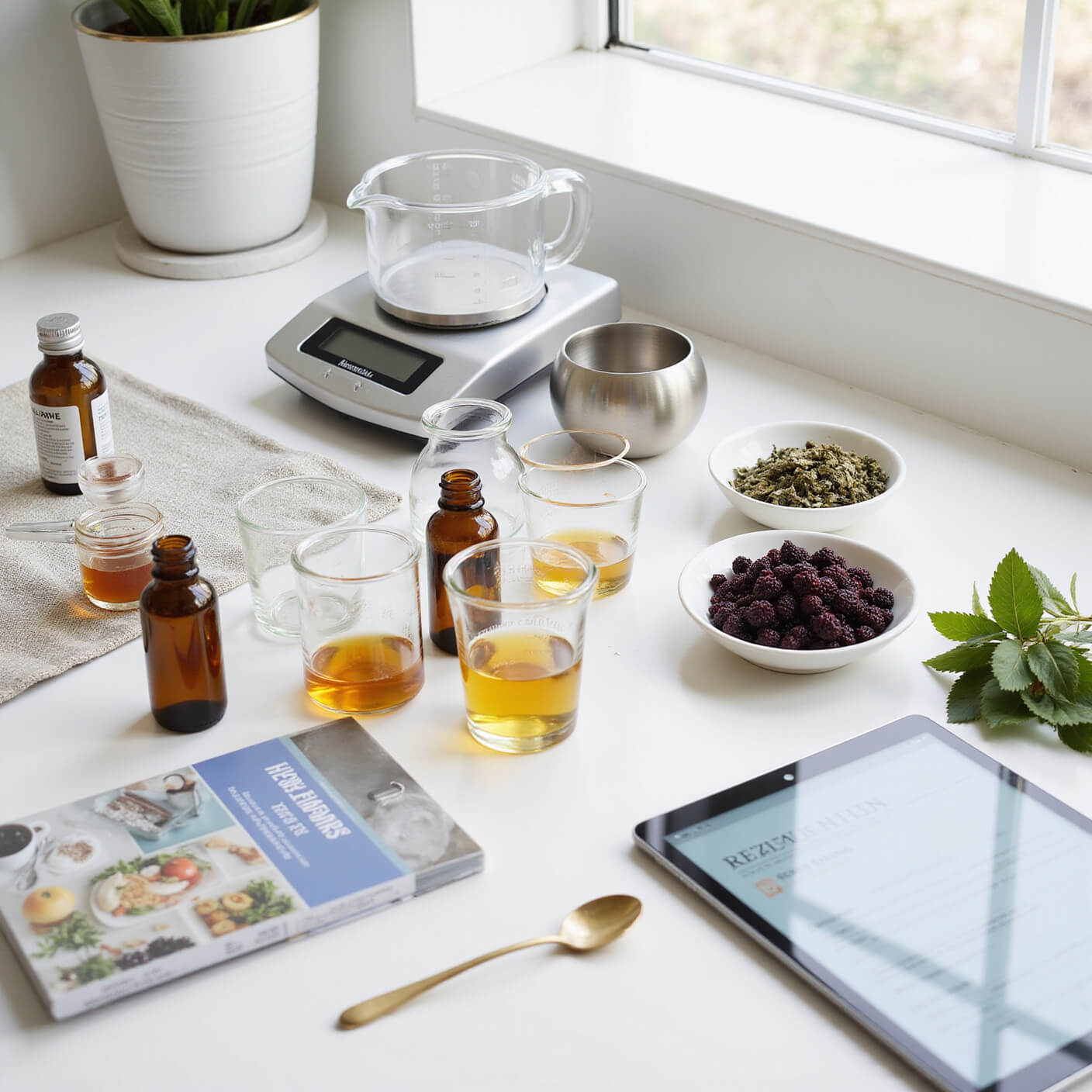 Professional home remedy workspace with glass tools, digital scale, labeled jars of organic ingredients, stainless steel equipment, amber bottles, and a tablet displaying recipes on a clean white counter in natural daylight.