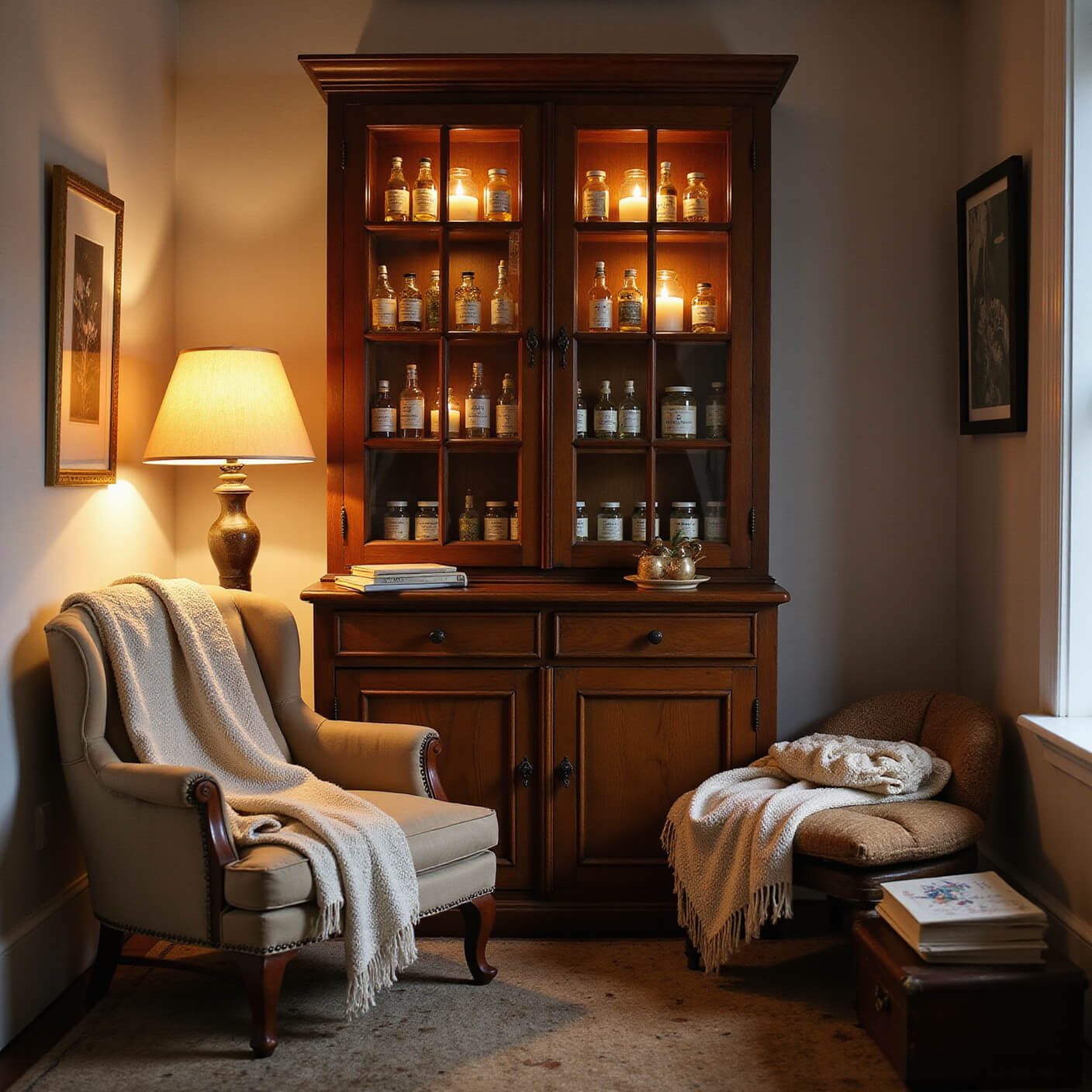 Cozy self-care corner with warm lighting, vintage apothecary cabinet of tinctures and herbs, comfy armchair with throws, small table with remedies and journals, featuring warm woods and soft textiles.