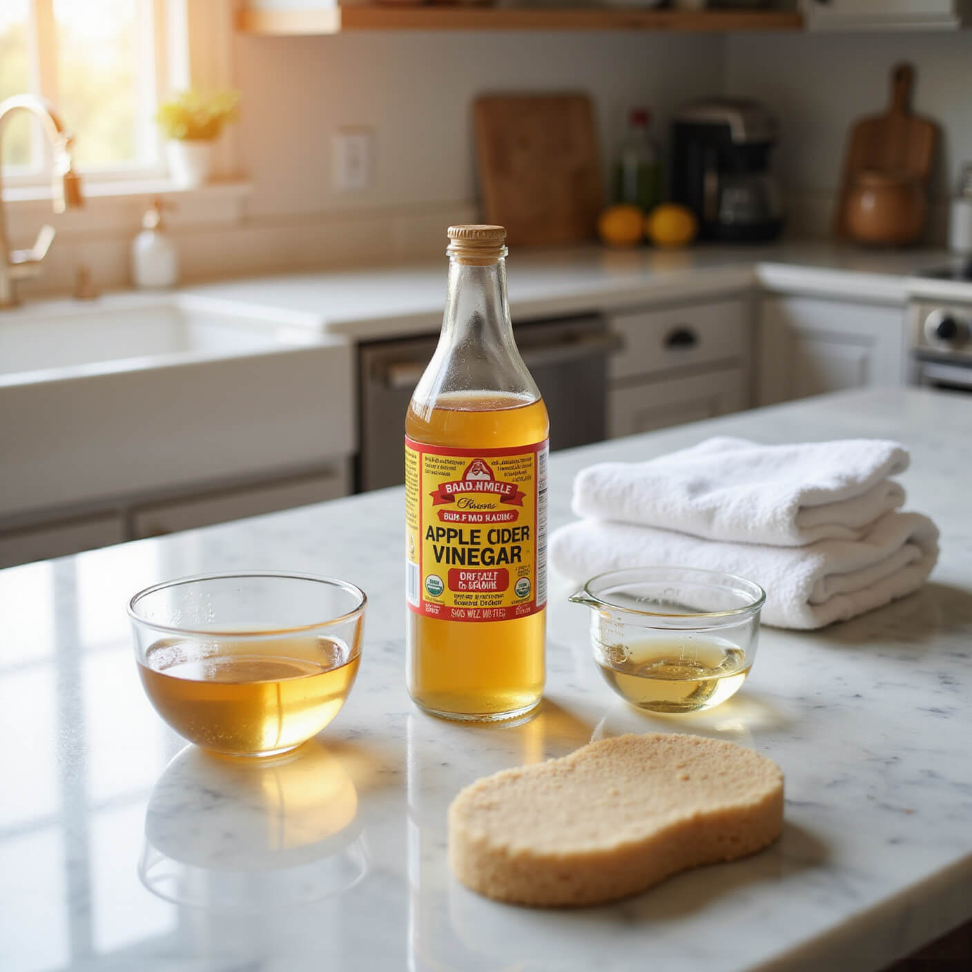 Modern farmhouse kitchen counter with warm light, featuring apple cider vinegar, glass bowl of water, measuring cups, fresh towels, and sea sponge on a white marble surface.
