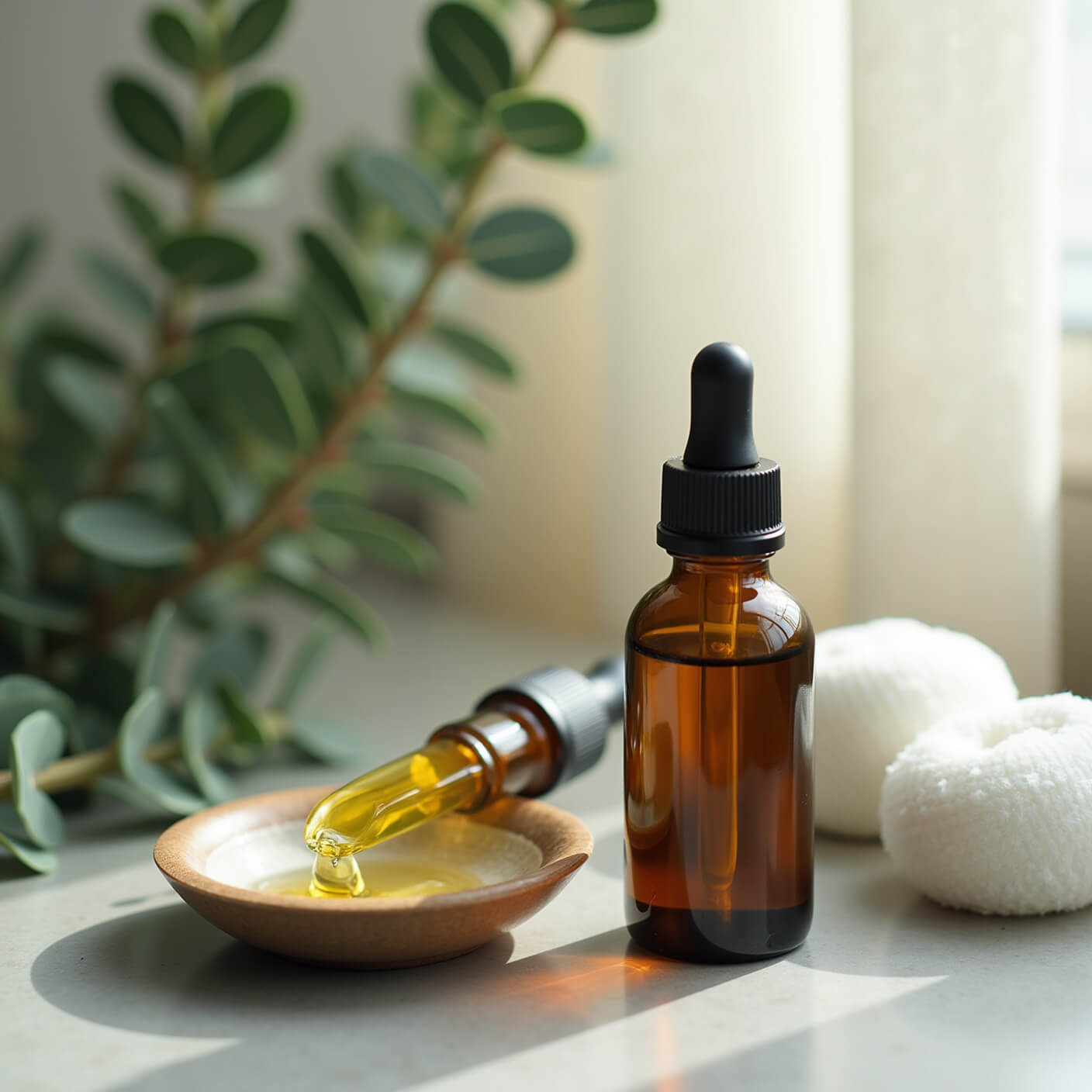 Wellness self-care setup with tea tree oil, glass dropper bottles, carrier oils, cotton pads, ceramic dish, and eucalyptus on a concrete surface in soft afternoon light.