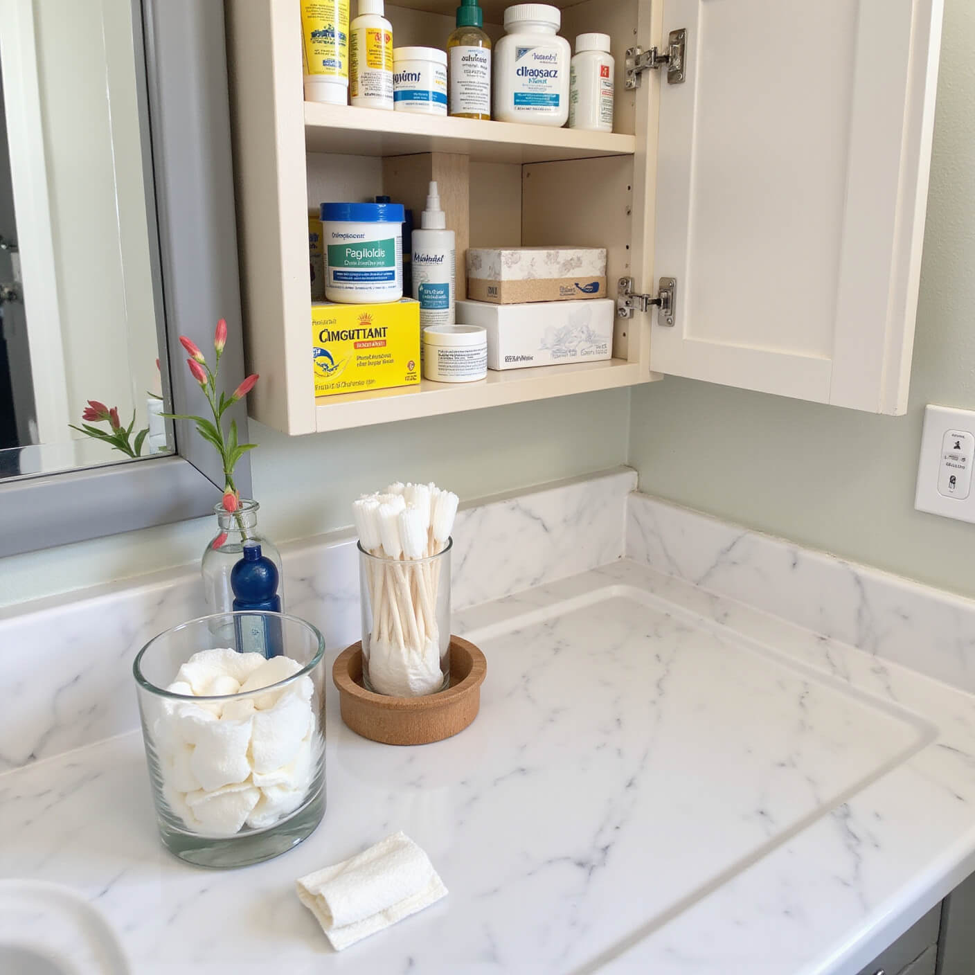 Organized bathroom vanity with foot care essentials, open medicine cabinet showing ointments and bandages, marble counter with cotton swabs, gauze, and medical tape under bright natural and overhead lighting.