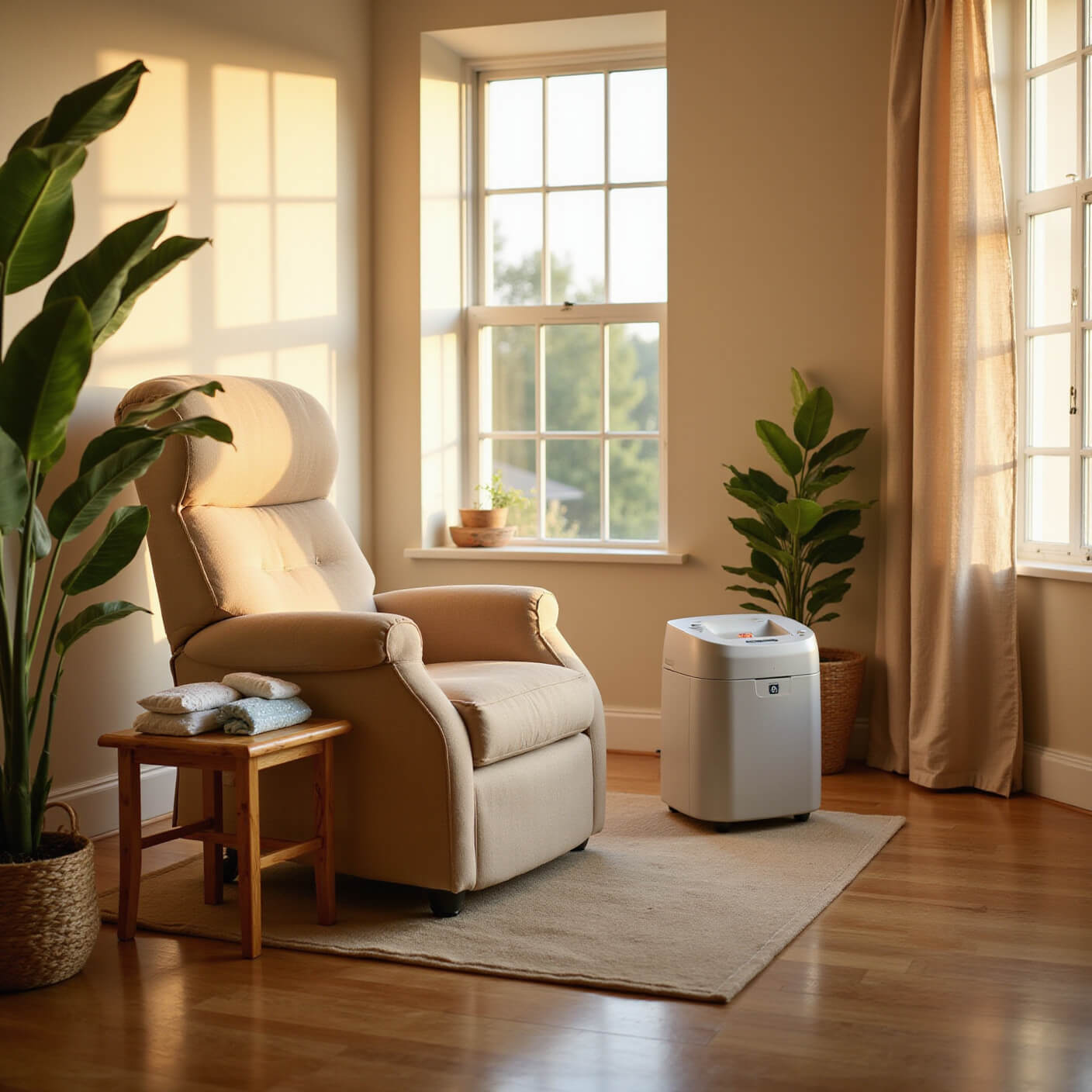 Serene home therapy corner with a plush massage chair by sunlit windows, heating pads and gel packs on a bamboo table, and a thermal therapy system nearby, conveying comfort and healing.