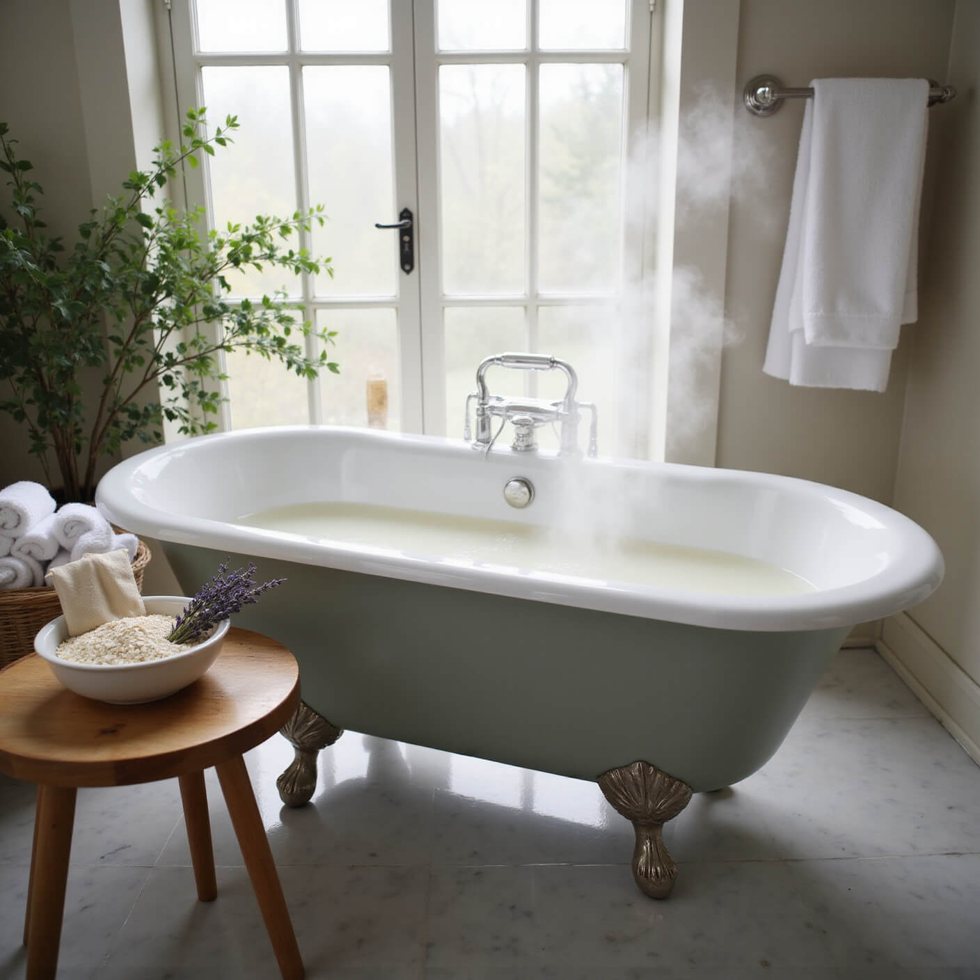 A cozy, sunlit bathroom with a vintage clawfoot tub of milky oatmeal water, wooden stool holding oatmeal, lavender, and muslin sachets, surrounded by plush towels, bath salts, marble floors, and potted eucalyptus, captured from above with soft, dreamy focus.