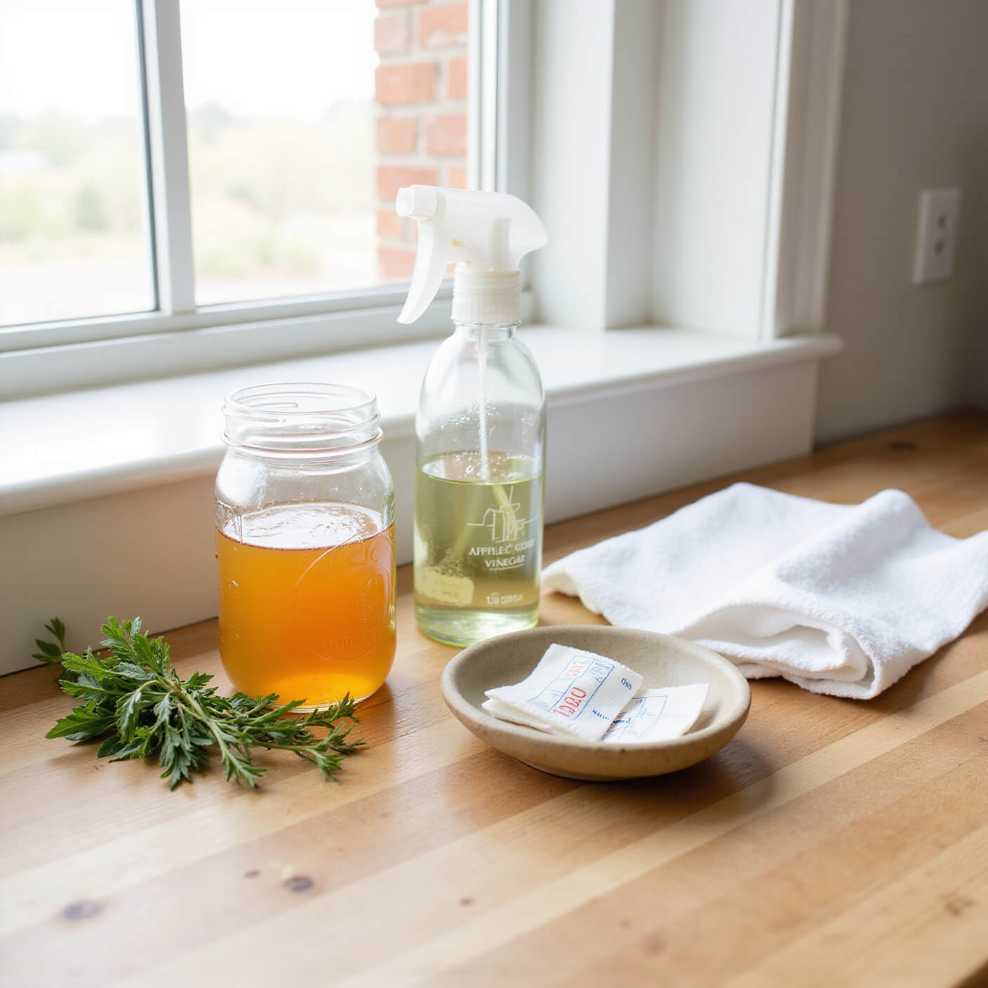 Modern farmhouse kitchen counter with mason jar of apple cider vinegar, cotton pads, pH strips in a ceramic dish, fresh herbs, glass spray bottle, and white washcloth in bright natural light.