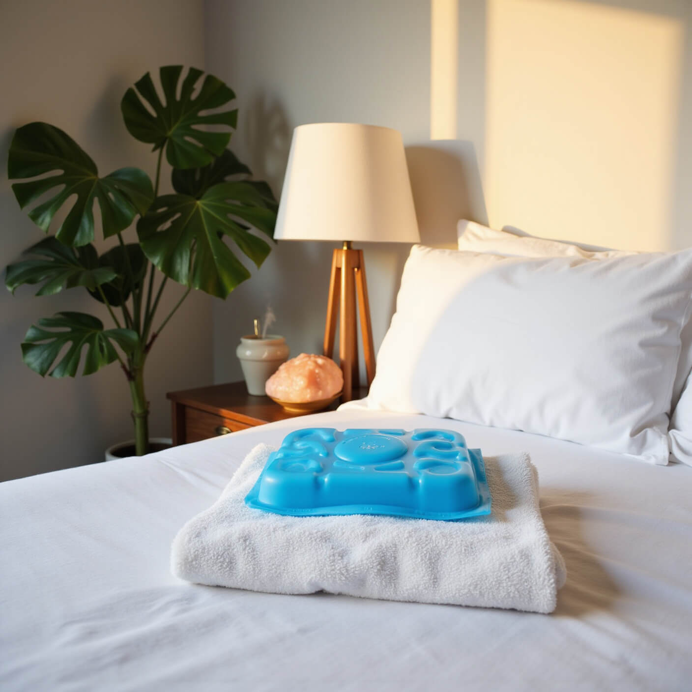 Minimalist bedroom corner at golden hour with white bedding, blue ice pack in bamboo towel, glowing Himalayan salt lamp, essential oil diffuser mist, and large monstera plant casting soft shadows.