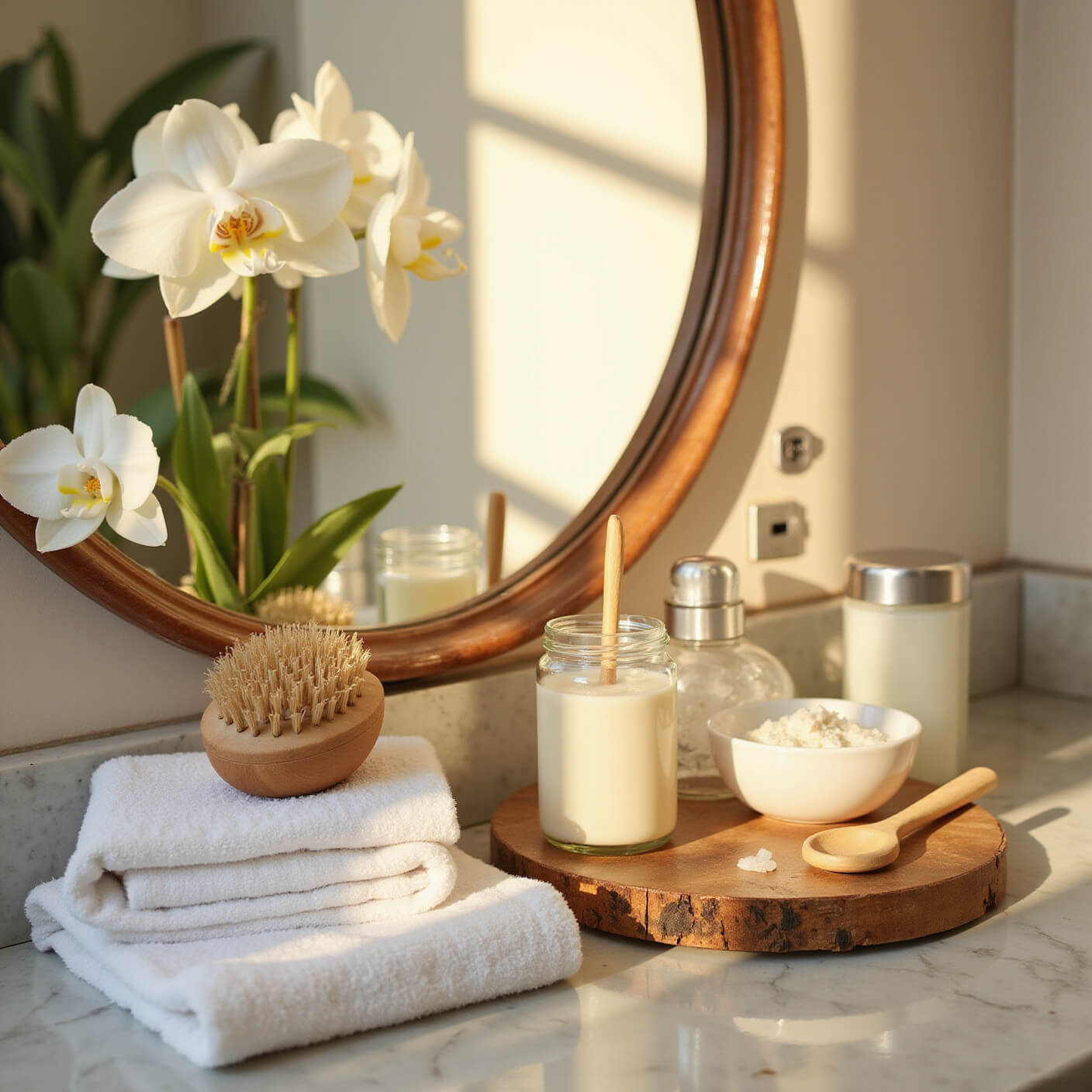 Sunlit bathroom vanity with coconut oil, wooden massage tools, white orchids, organic washcloths, bamboo body brush, and crystal water bottle on marble counter.