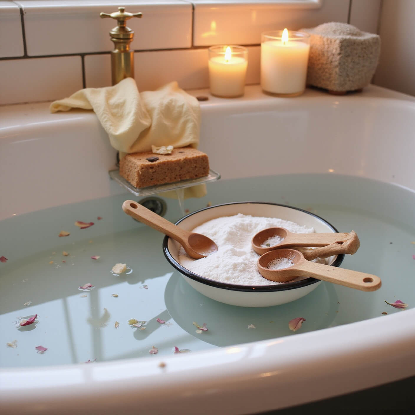 Light-filled soaking tub at dusk with vintage enamel bowl of baking soda, wooden spoons, dried rose petals, handmade soap dish, sea sponge, flickering soy candles, white textured subway tiles, and brass fixtures.