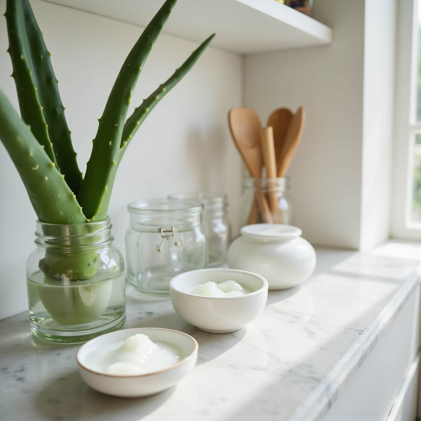 Close-up of fresh aloe vera gel in white bowls on marble surface, surrounded by glass jars, bamboo tools, and a potted aloe plant under soft afternoon light.