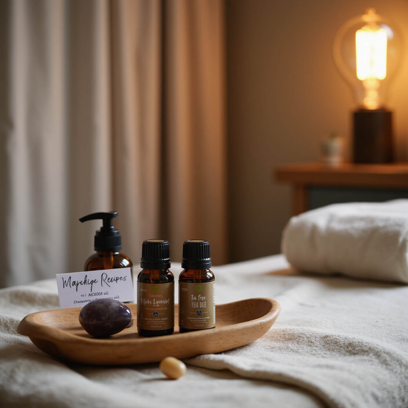 Massage room corner with essential oil bottles on tray, lavender and tea tree oils in focus, linen therapy table, crystal roller, and warm Edison bulb lighting.