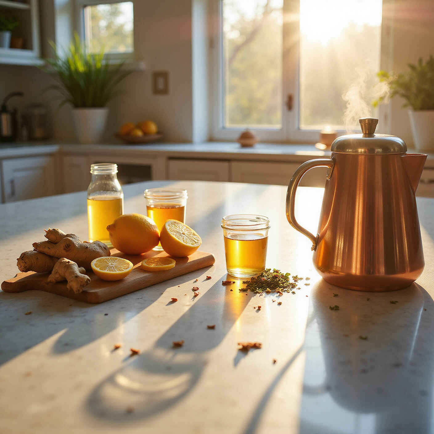 Bright, sunlit modern kitchen with marble counters displaying ginger, turmeric, lemons, raw honey, and tea accessories, ready for making wellness shots.