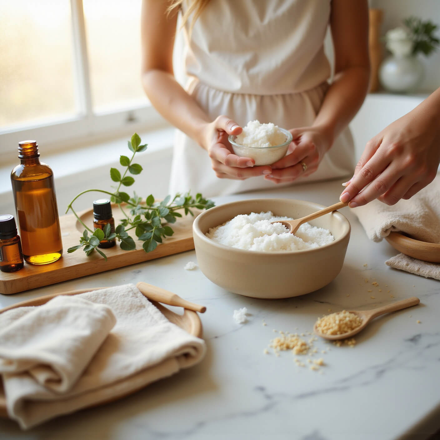 Hands mixing natural sugar scrub in a ceramic bowl on a sunlit marble bathroom counter, surrounded by raw sugar, olive oil, eucalyptus, and eco-friendly spa tools.
