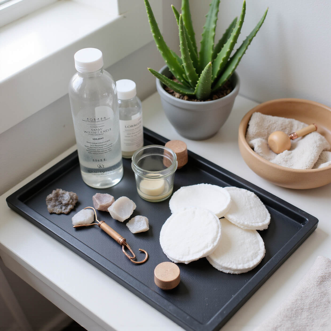 High-angle view of a modern vanity setup with skincare essentials on a matte black tray, featuring glass containers, a copper facial roller, an aloe vera plant, and a ceramic bowl, in cool grey and copper tones.