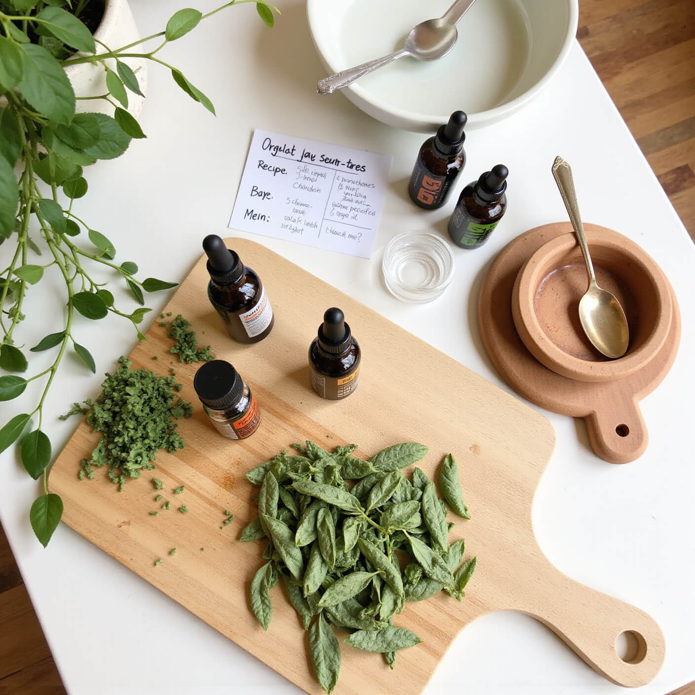 Overhead view of a bright kitchen counter with fresh tea tree leaves, glass measuring spoons, amber dropper bottles, organic oils, a ceramic bowl, and a handwritten recipe card, surrounded by warm wood tones and a trailing pothos plant.