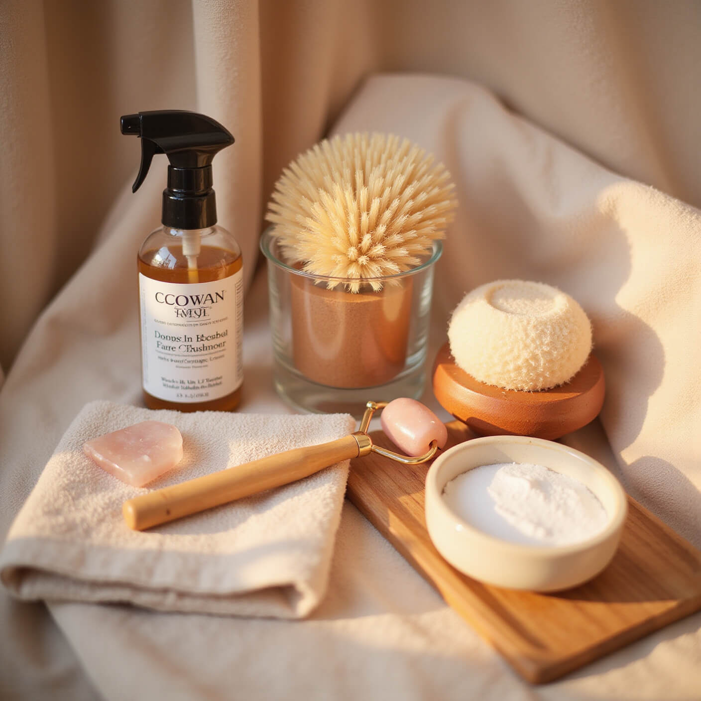 Sustainable bathroom self-care tools on linen towel with warm golden hour light, featuring bamboo brush, organic loofa, dry brush, glass toner spray, rose quartz roller, and pottery bowl of baking soda.