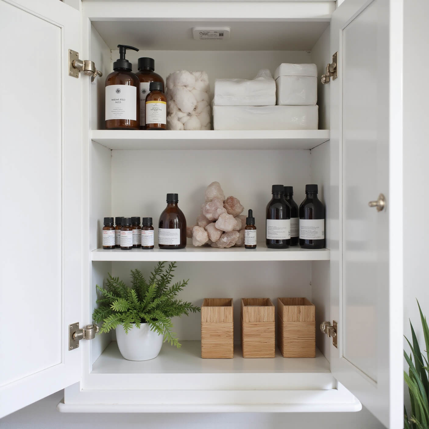 Open medicine cabinet with neatly organized natural remedies, amber bottles, essential oils, cotton supplies, air-purifying plants, crystals, and bamboo organizers in soft morning light.