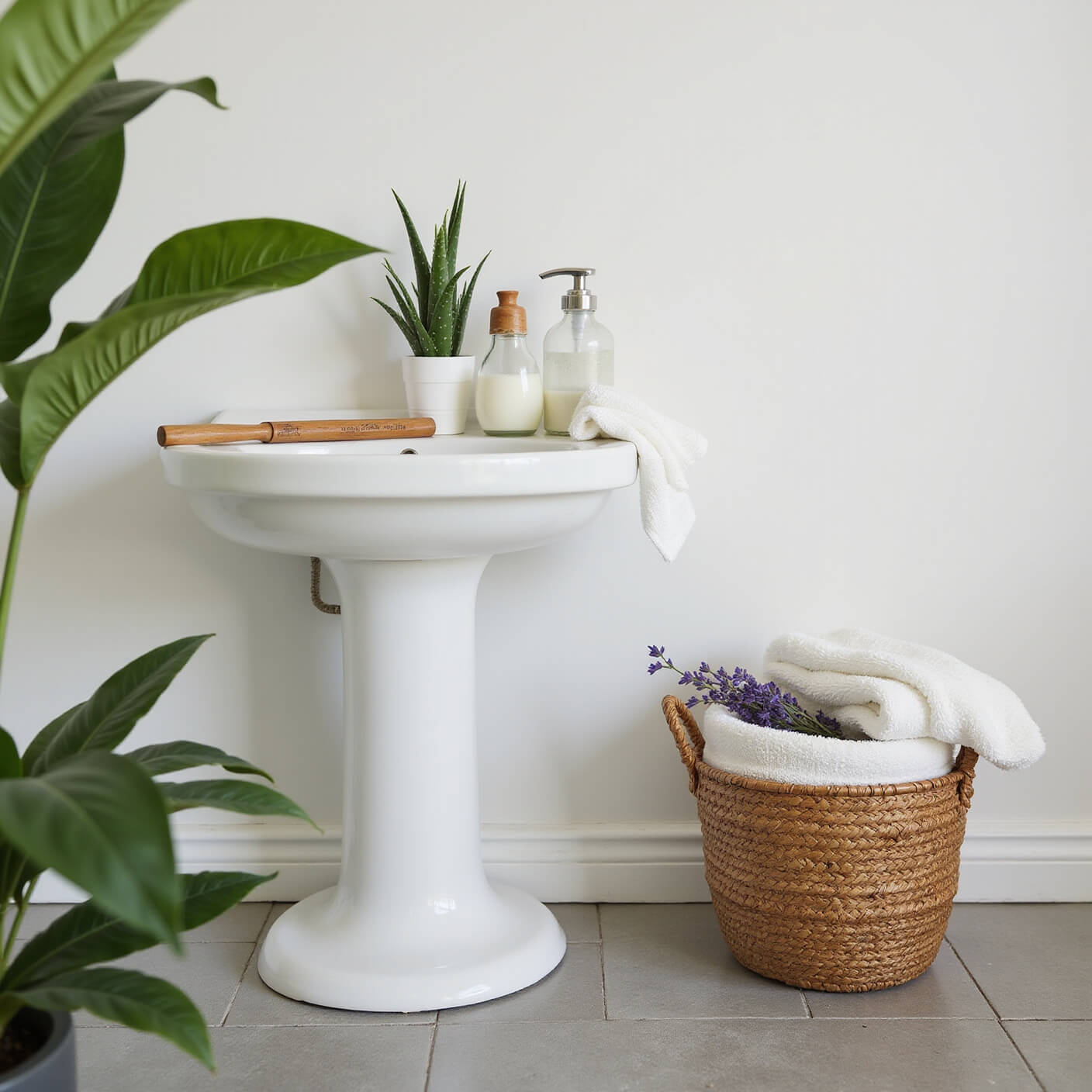 Spa-inspired bathroom corner with white pedestal sink, bamboo razor, natural shaving cream, exfoliating mitt, aloe plant, woven basket of Turkish towels and lavender, pale grey tiles, and soft afternoon light.