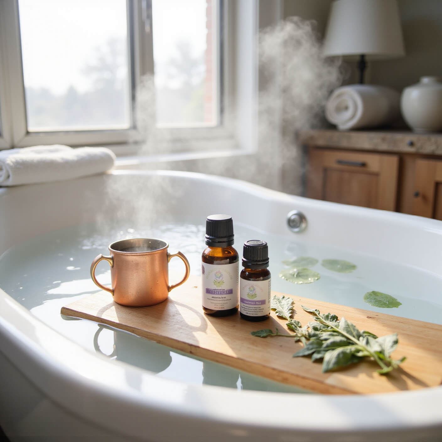 Serene bathroom with steaming white soaking tub, eucalyptus leaves, bamboo caddy holding copper mug, lavender oil, heat wrap, plush towels on stone counter, and sunlight filtering through steam.