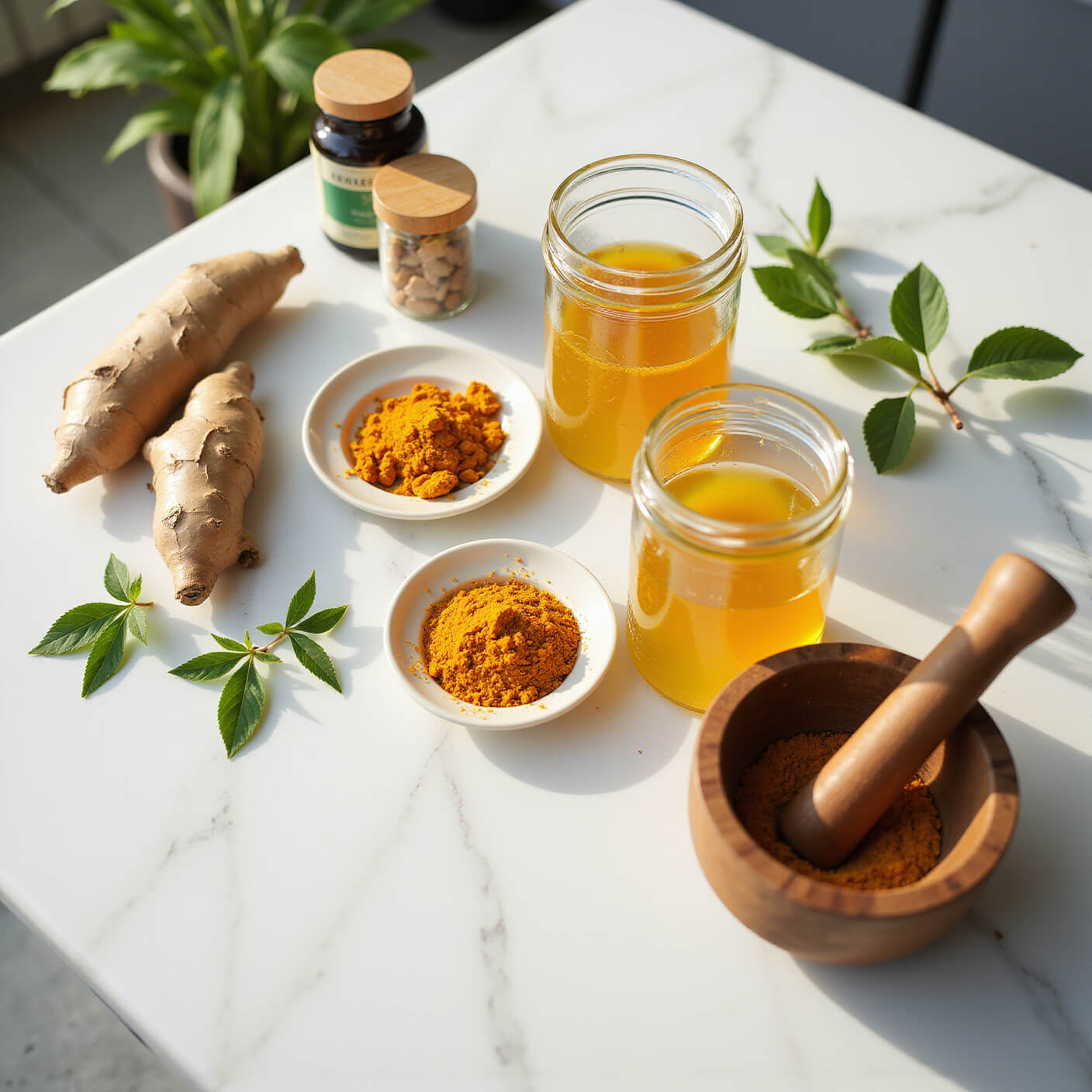 Overhead view of a bright kitchen counter with fresh turmeric, ginger, green tea leaves, supplement jars, golden turmeric tea in mason jars, and a wooden mortar and pestle with ground spices on a marble surface.