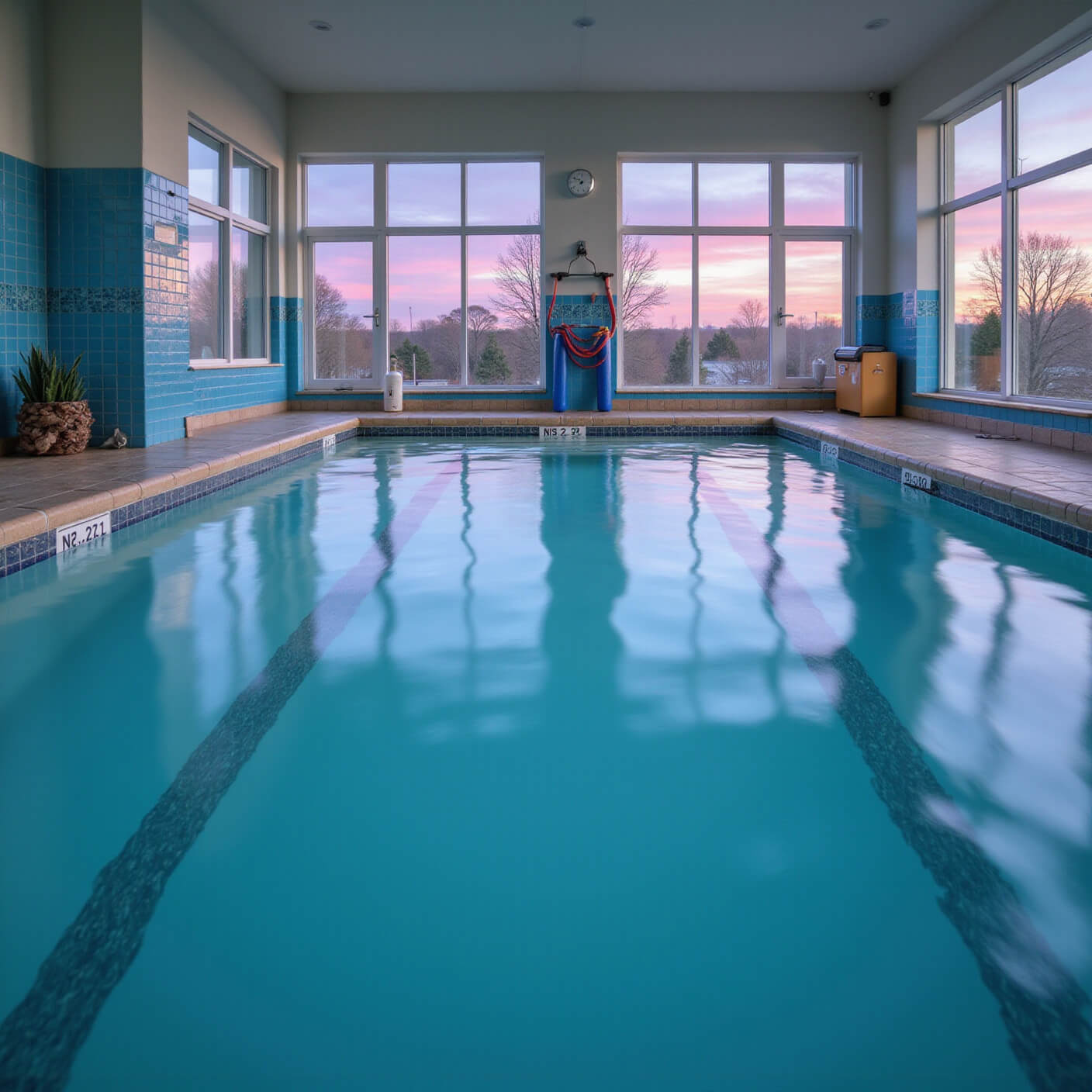 Indoor pool at dawn with smooth water, aqua blue tiles, therapy equipment, and sunrise through large windows.